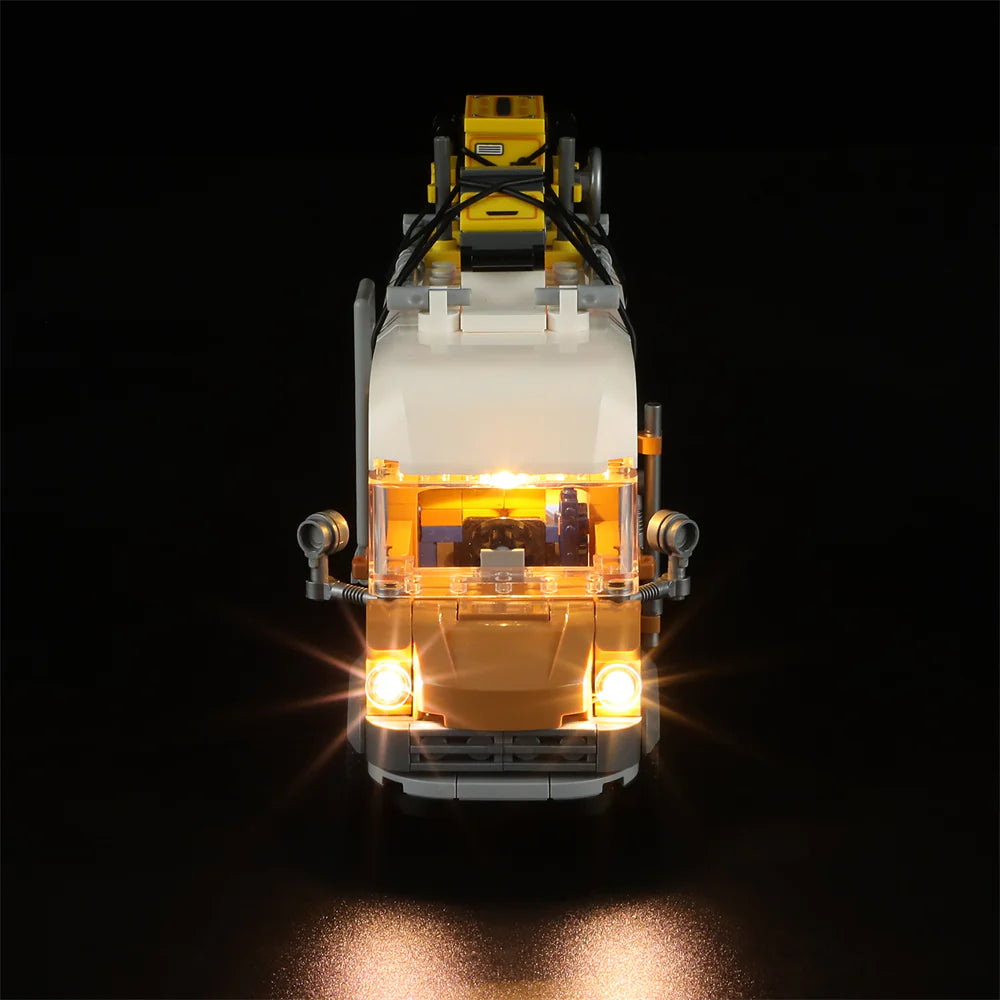 Lumibricks F9030 Carpentry Van front view at night with bright LED headlights, rooftop tools, and detailed windshield