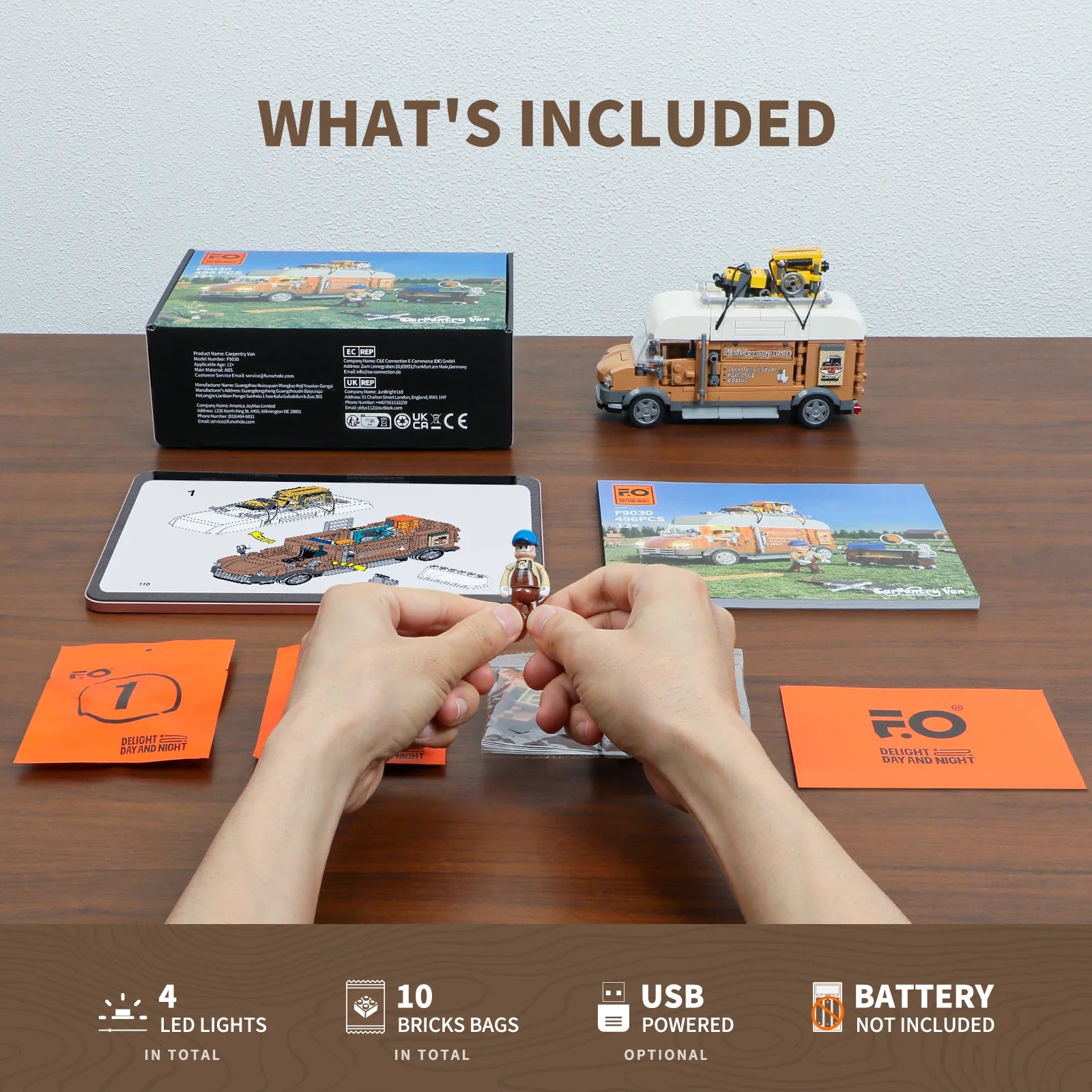 Lumibricks F9030 Carpentry Van package contents with assembled van, 10 brick bags, LED light set, paper instructions, and USB power info