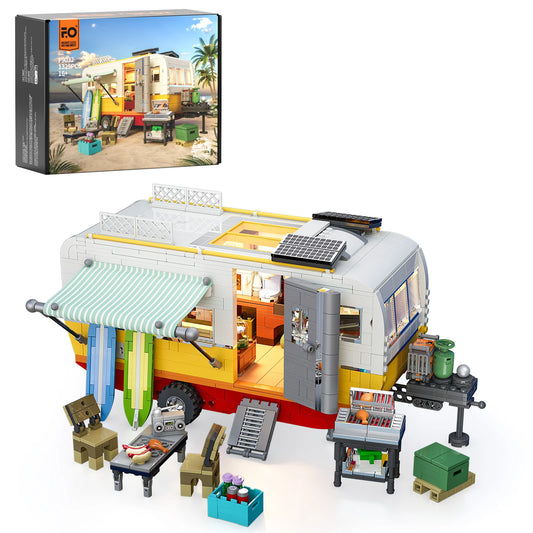 Lumibricks F9032 Travel Trailer box set with modular camper, surfboards, grill, table, and beach camping accessories