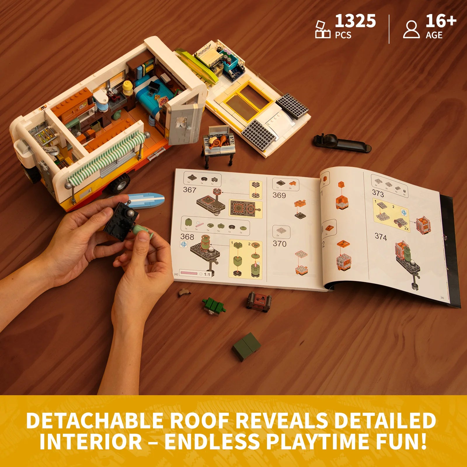 Lumibricks F9032 Travel Trailer with detachable roof, detailed interior, instruction manual, and modular build pieces