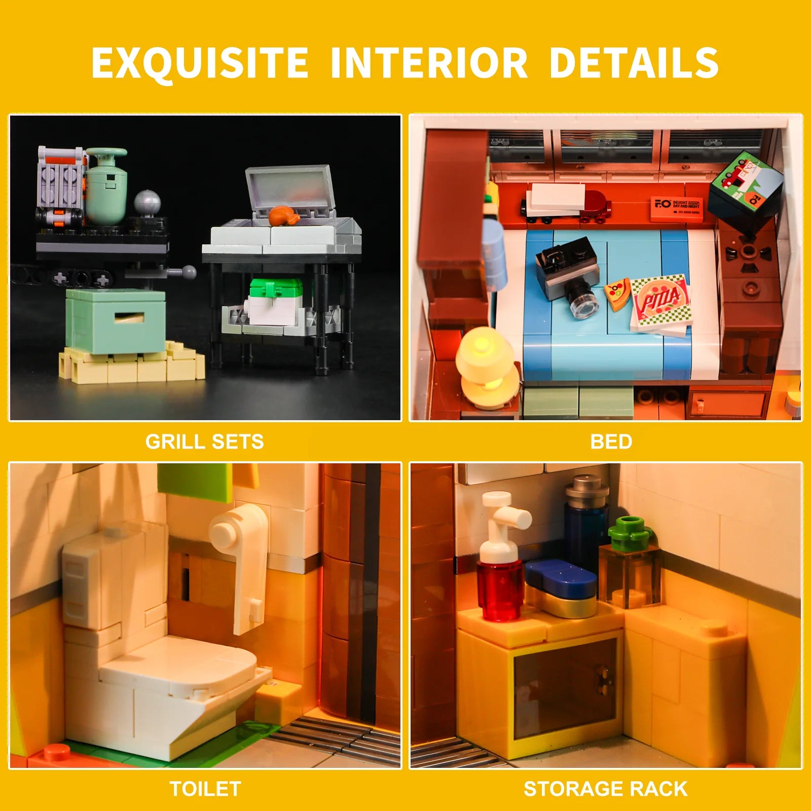 Lumibricks F9032 Travel Trailer interior details showing grill sets, bed with pizza and camera, toilet, and storage rack