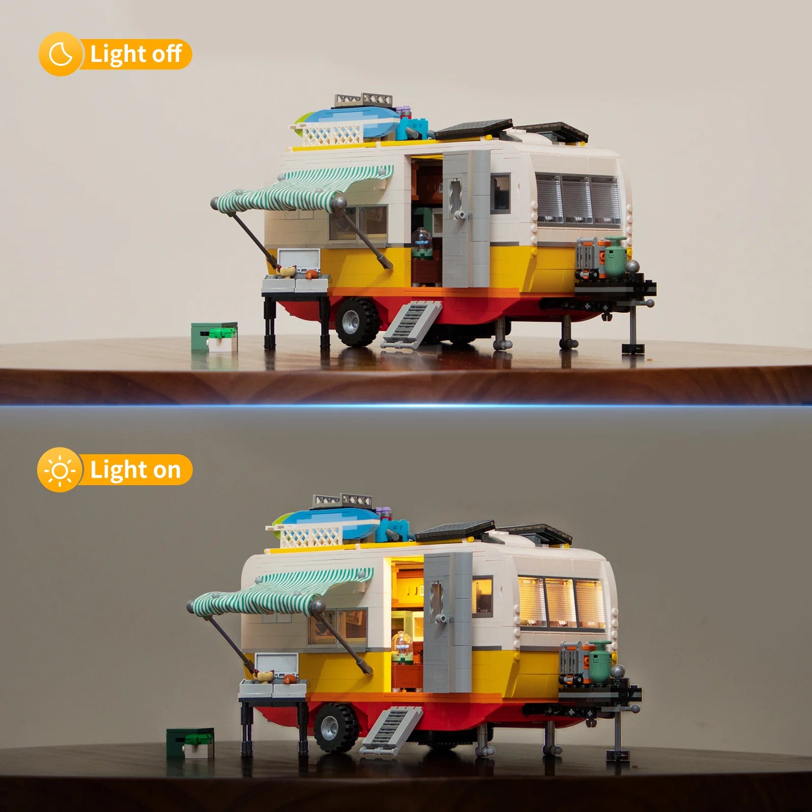 Lumibricks F9032 Travel Trailer side view showing lights off and on, illuminated windows, and striped awning