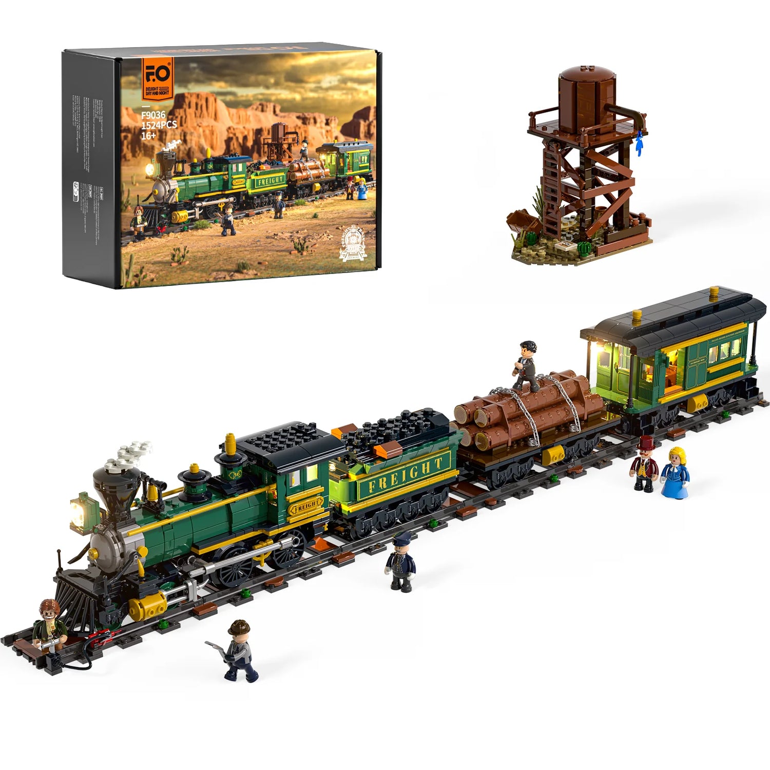 Lumibricks (Formerly Funwhole) F9036 Western Freight Train set with box, steam locomotive, cargo cars, water tower, and minifigures