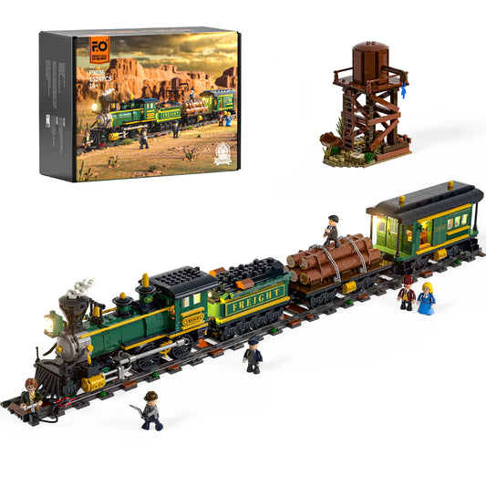 Lumibricks (Formerly Funwhole) F9036 Western Freight Train set with box, steam locomotive, cargo cars, water tower, and minifigures