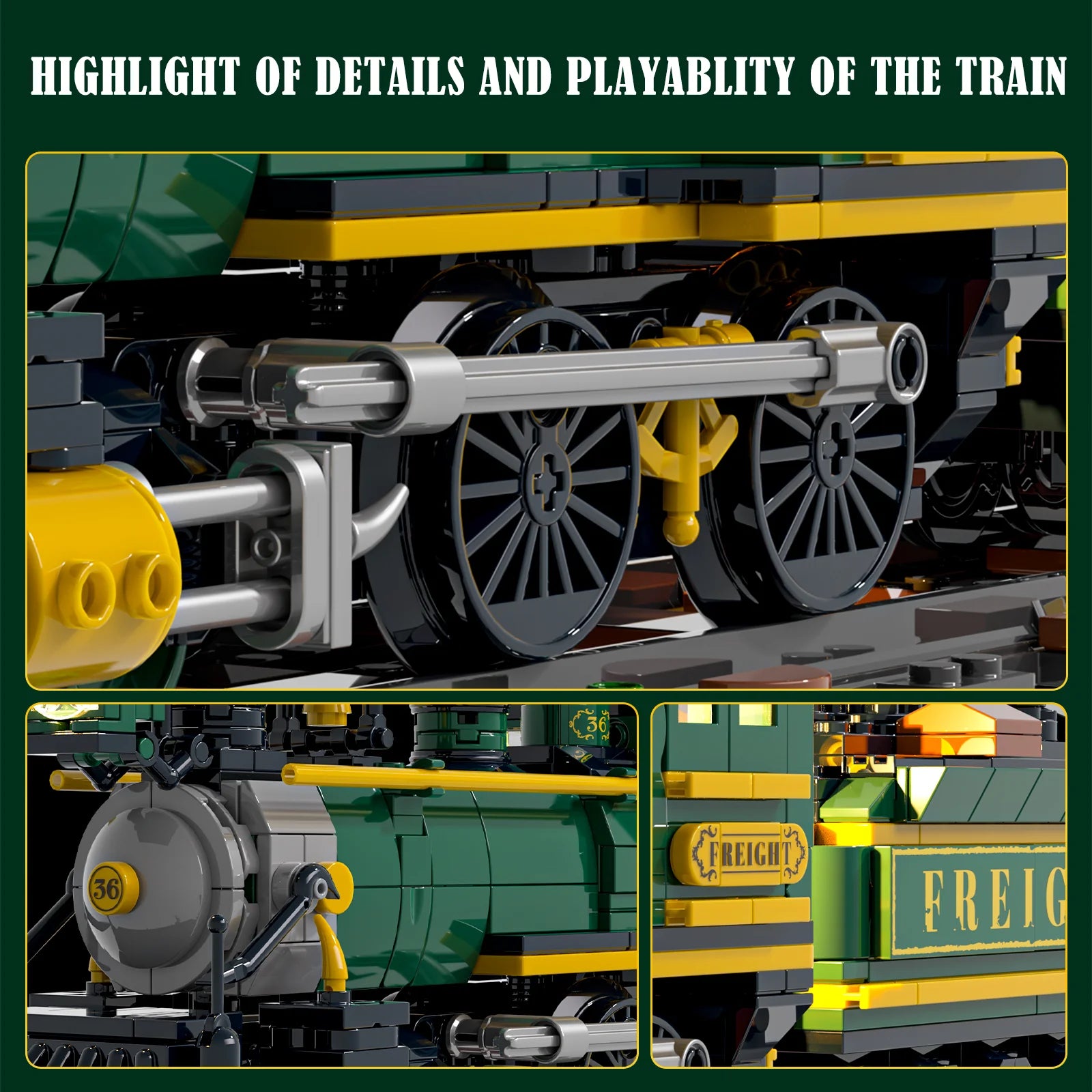 Lumibricks (Formerly Funwhole) F9036 Western Freight Train close-up of steam engine wheels, boiler, and freight car details