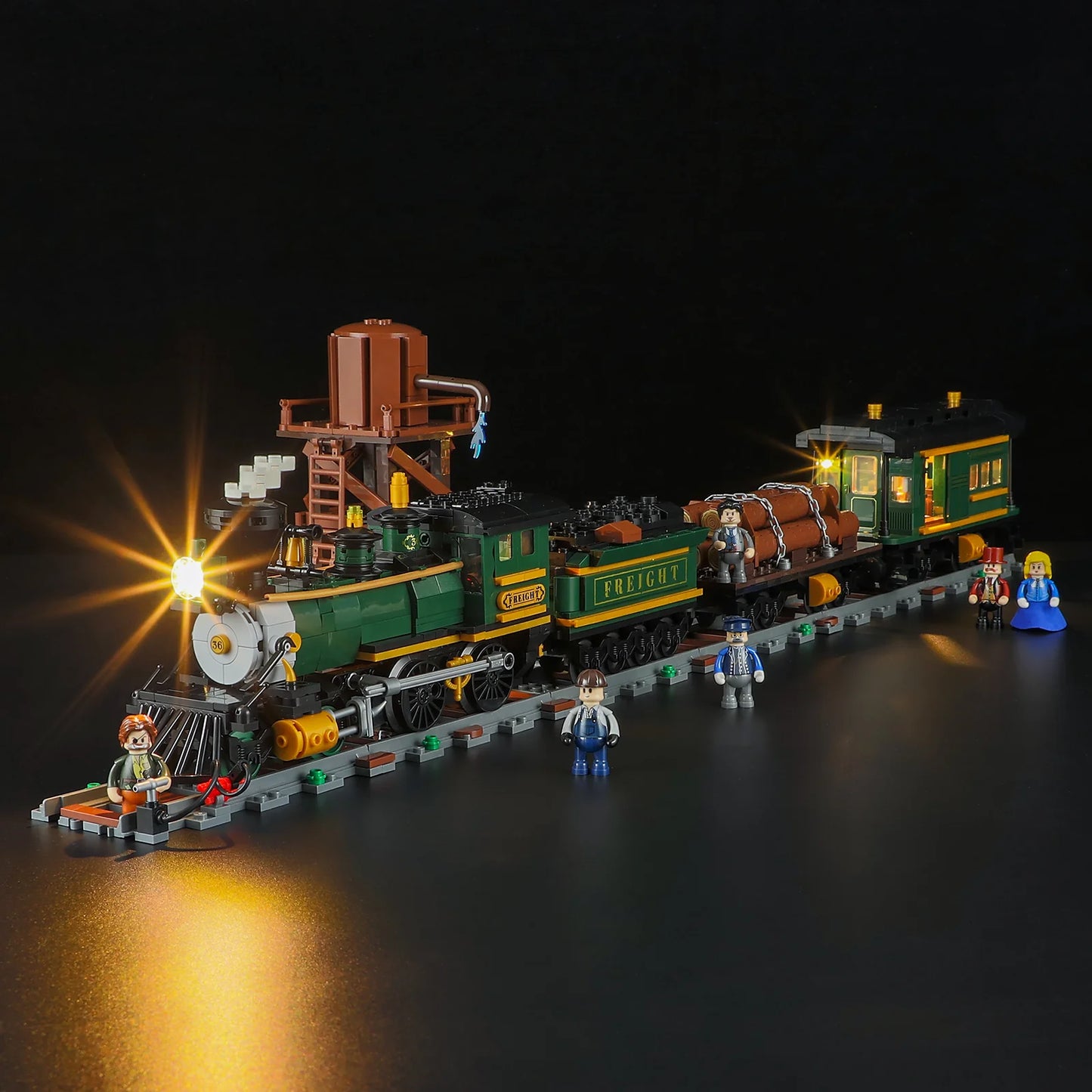 Lumibricks (Formerly Funwhole) F9036 Western Freight Train with LED lights, steam locomotive, water tower, freight cars, and minifigures