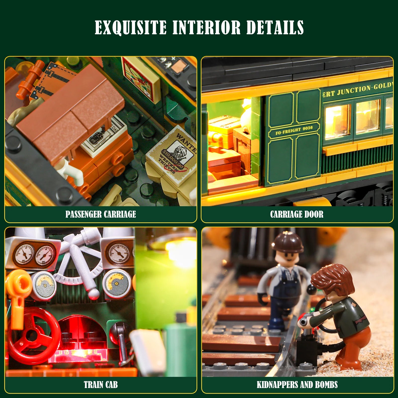 Lumibricks F9036 Western Freight Train interior details: passenger carriage, train cab, carriage door, and minifigures on tracks