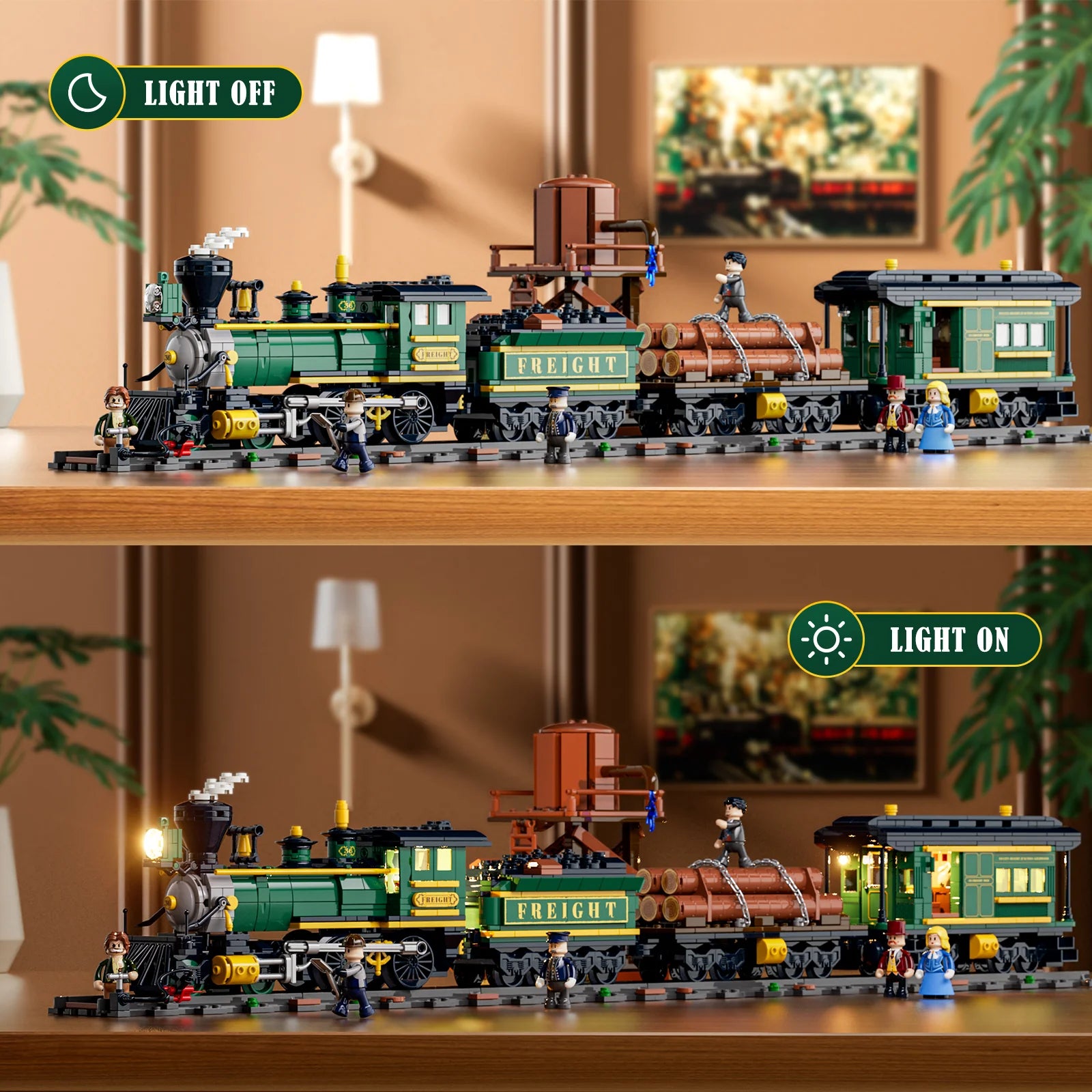 Lumibricks F9036 Western Freight Train with LED lights on and off, steam engine, log car, passenger car, and six minifigures