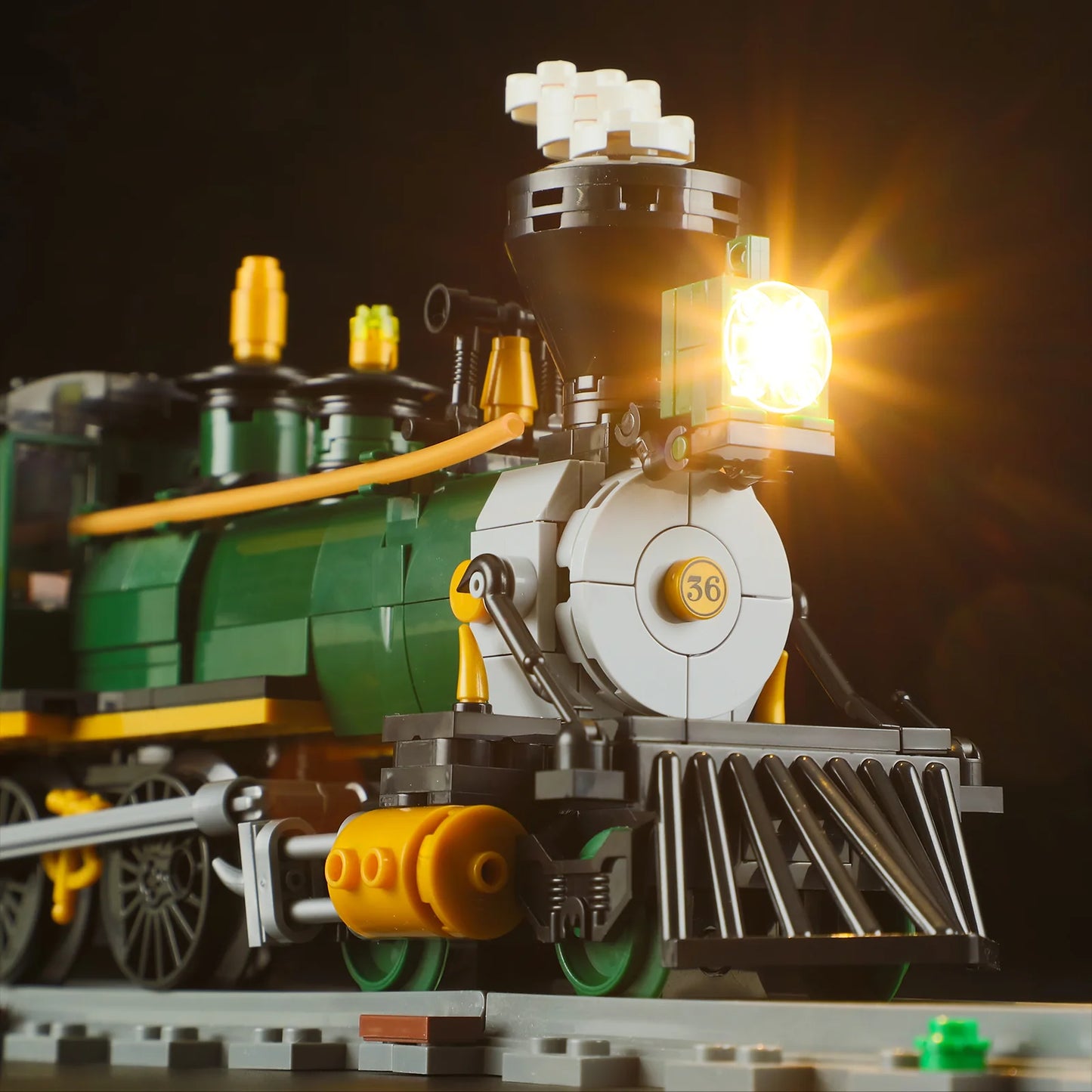 Lumibricks (Formerly Funwhole) F9036 Western Freight Train close-up of steam locomotive front with working LED headlight