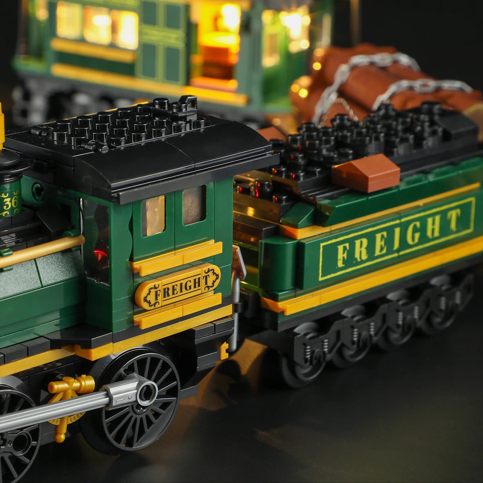 Lumibricks (Formerly Funwhole) F9036 Western Freight Train close-up of steam locomotive and tender with LED lights and detailed wheels