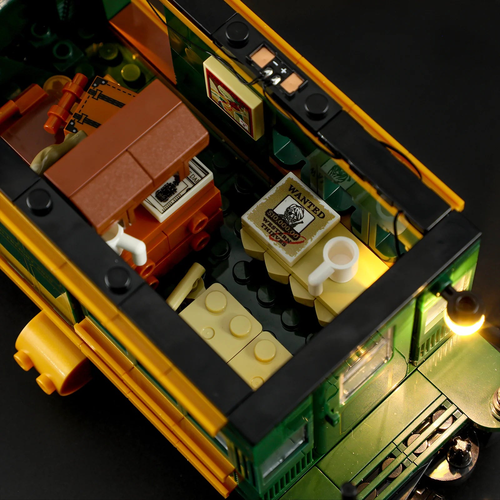 Lumibricks (Formerly Funwhole) F9036 Western Freight Train passenger car interior with wanted poster, desk, mug, and LED lighting