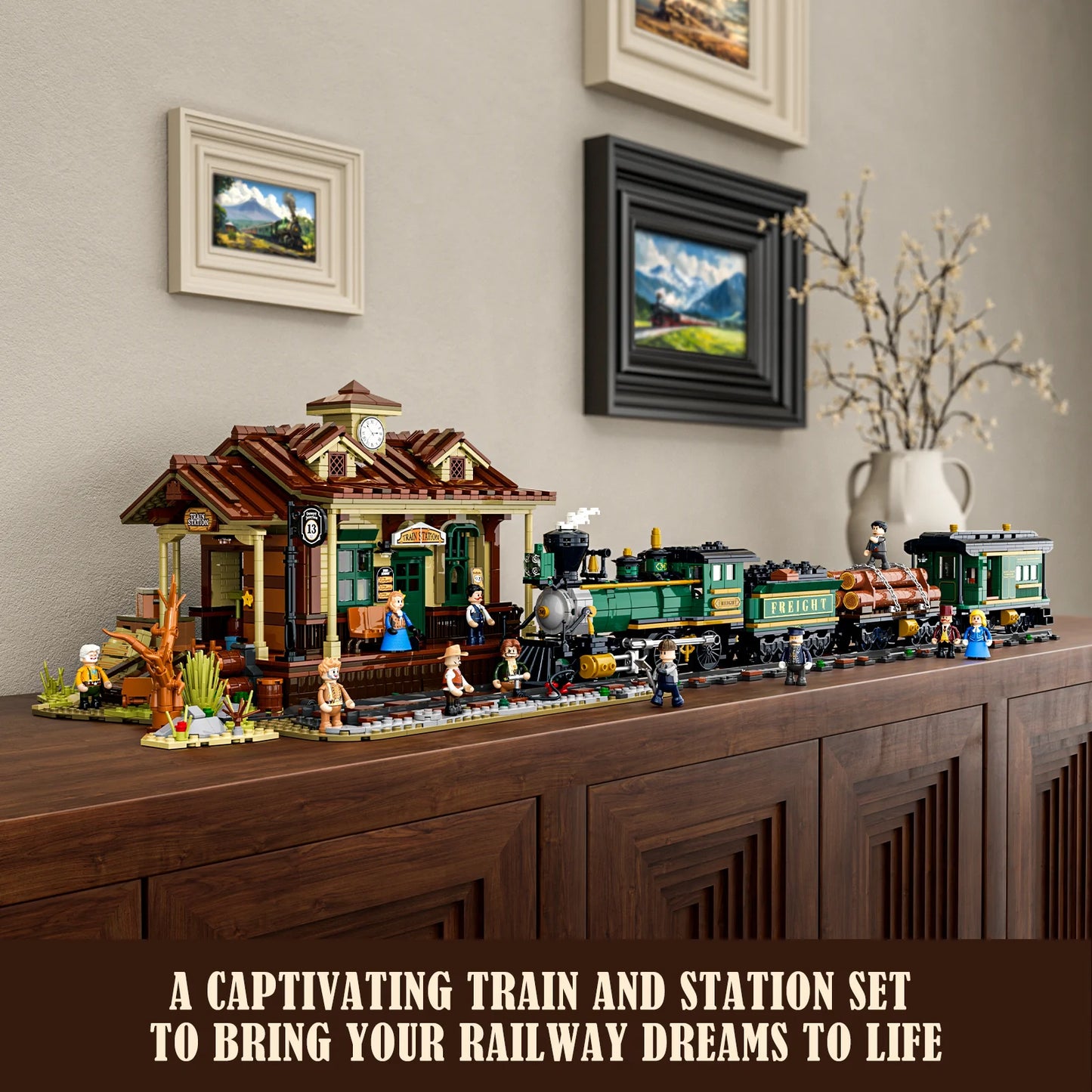 Lumibricks (Formerly Funwhole) F9036 Western Freight Train and station set displayed with minifigures, train cars, and accessories