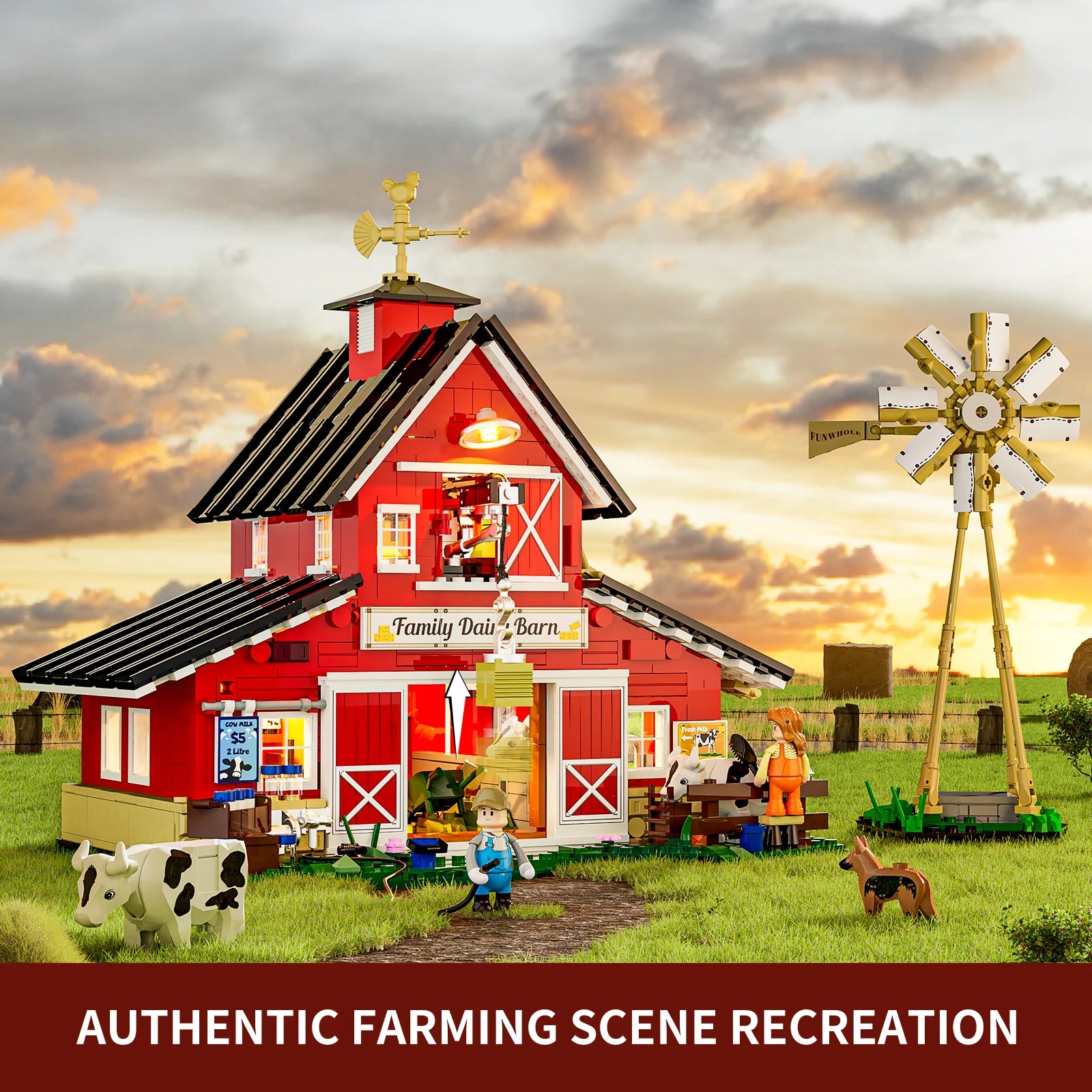 Lumibricks F9037 Cow Barn at sunset with red barn, windmill, cows, minifigures, and detailed farmyard scene