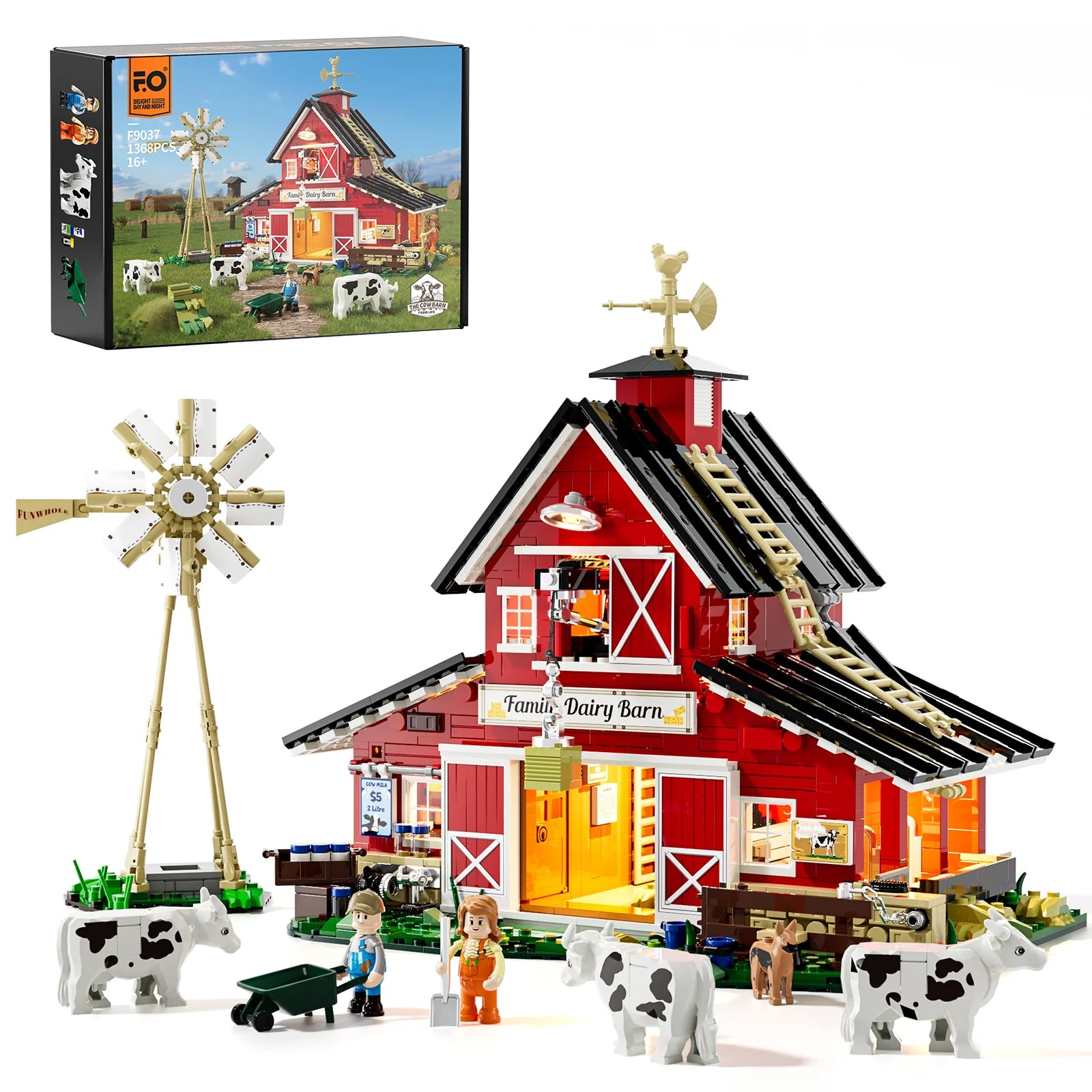 Lumibricks F9037 Cow Barn box set with red barn, windmill, cows, minifigures, and Family Dairy Barn sign in a farmyard scene