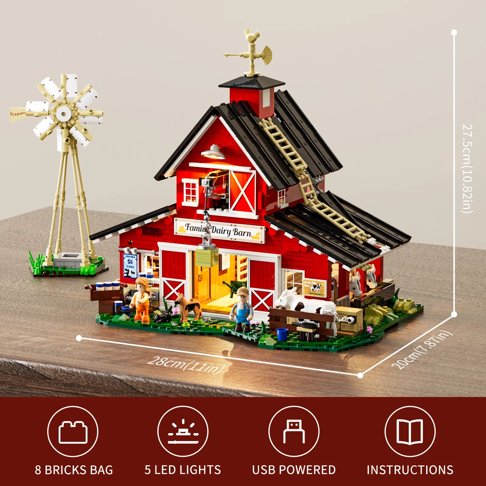 Lumibricks F9037 Cow Barn with windmill, cows, minifigures, and dimensions (28cm x 20cm x 27.5cm), highlighting 8 brick bags, 5 LED lights, USB power, and instructions