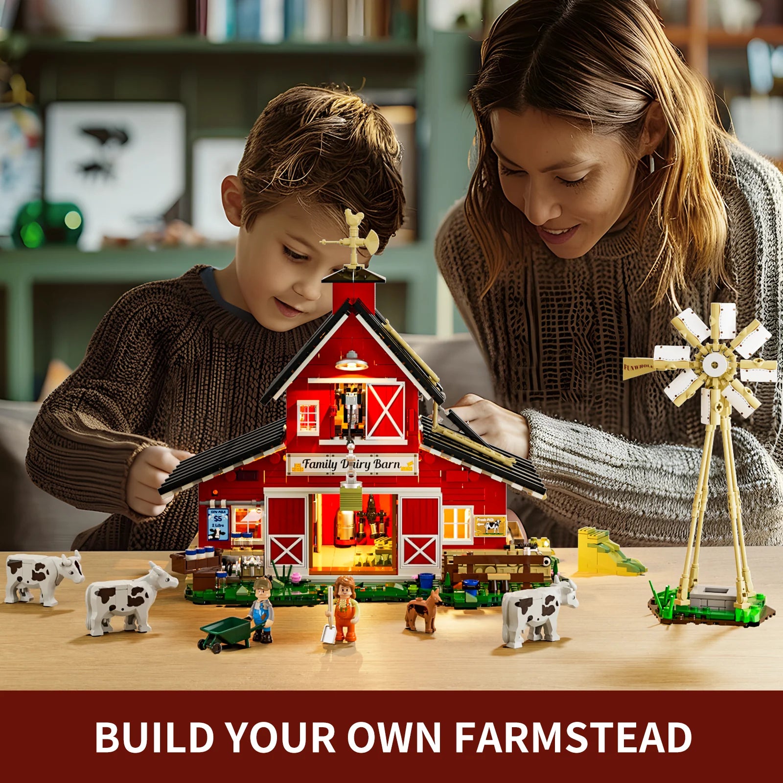 Lumibricks F9037 Cow Barn with family building and playing, surrounded by cows, horse, and farm animals on table