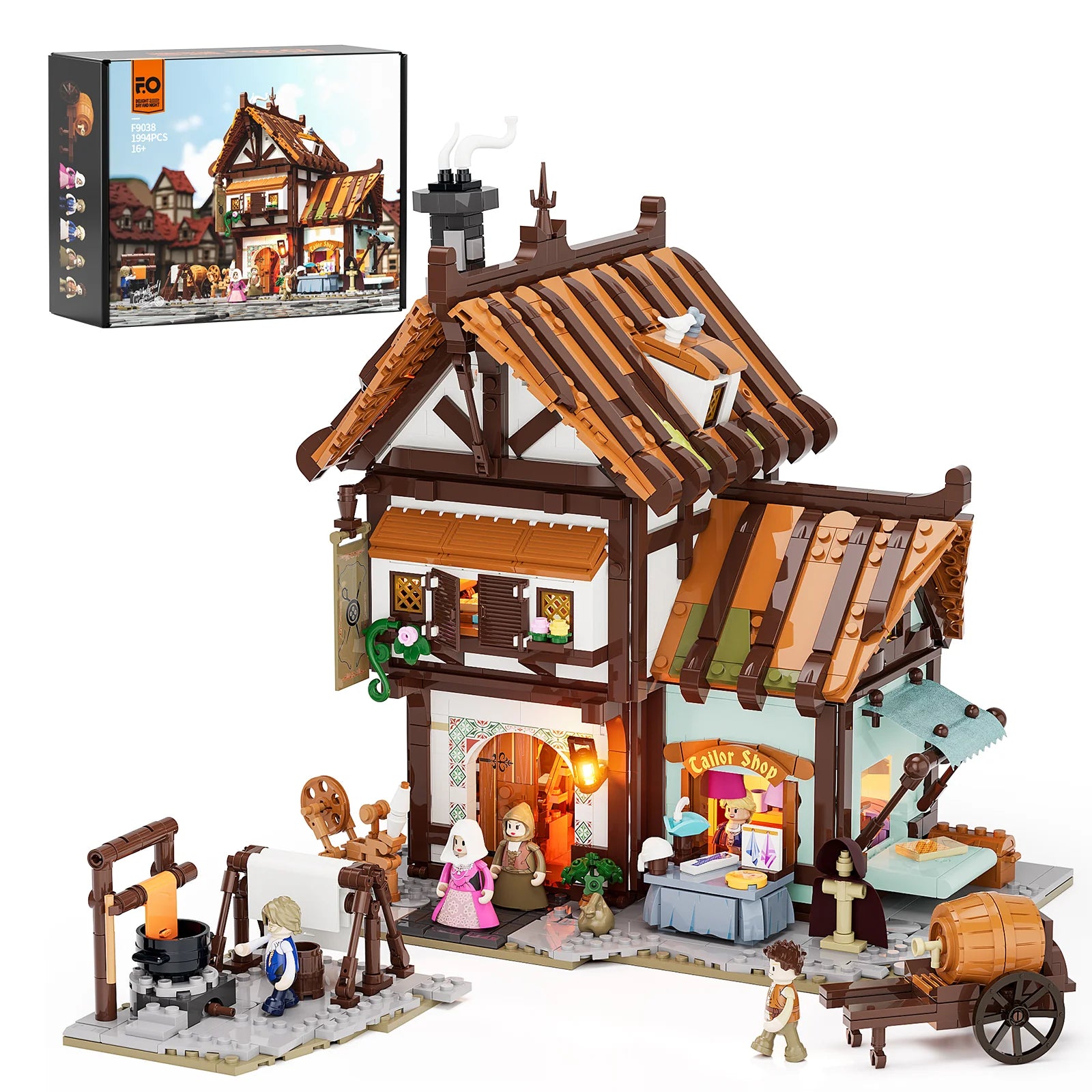 Lumibricks F9038 Medieval Tailor Shop box set with detailed medieval building, tailor shop sign, and minifigures outside