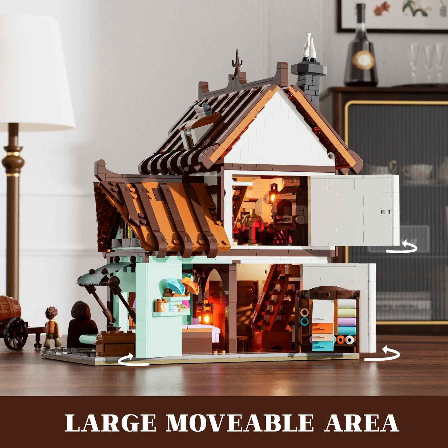 Lumibricks F9038 Medieval Tailor Shop large moveable area, showing open side walls, fabric shelves, and illuminated rooms