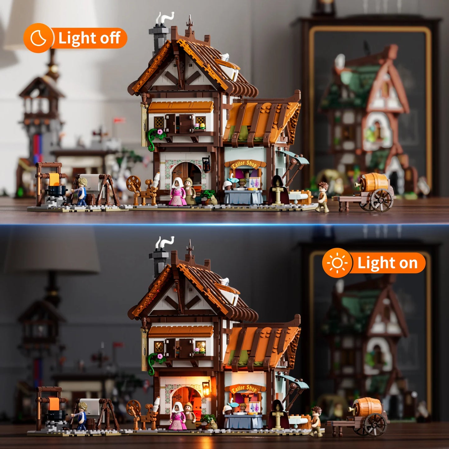Lumibricks F9038 Medieval Tailor Shop shown with lights off and on, illuminated medieval building, tailor shop sign, and market cart