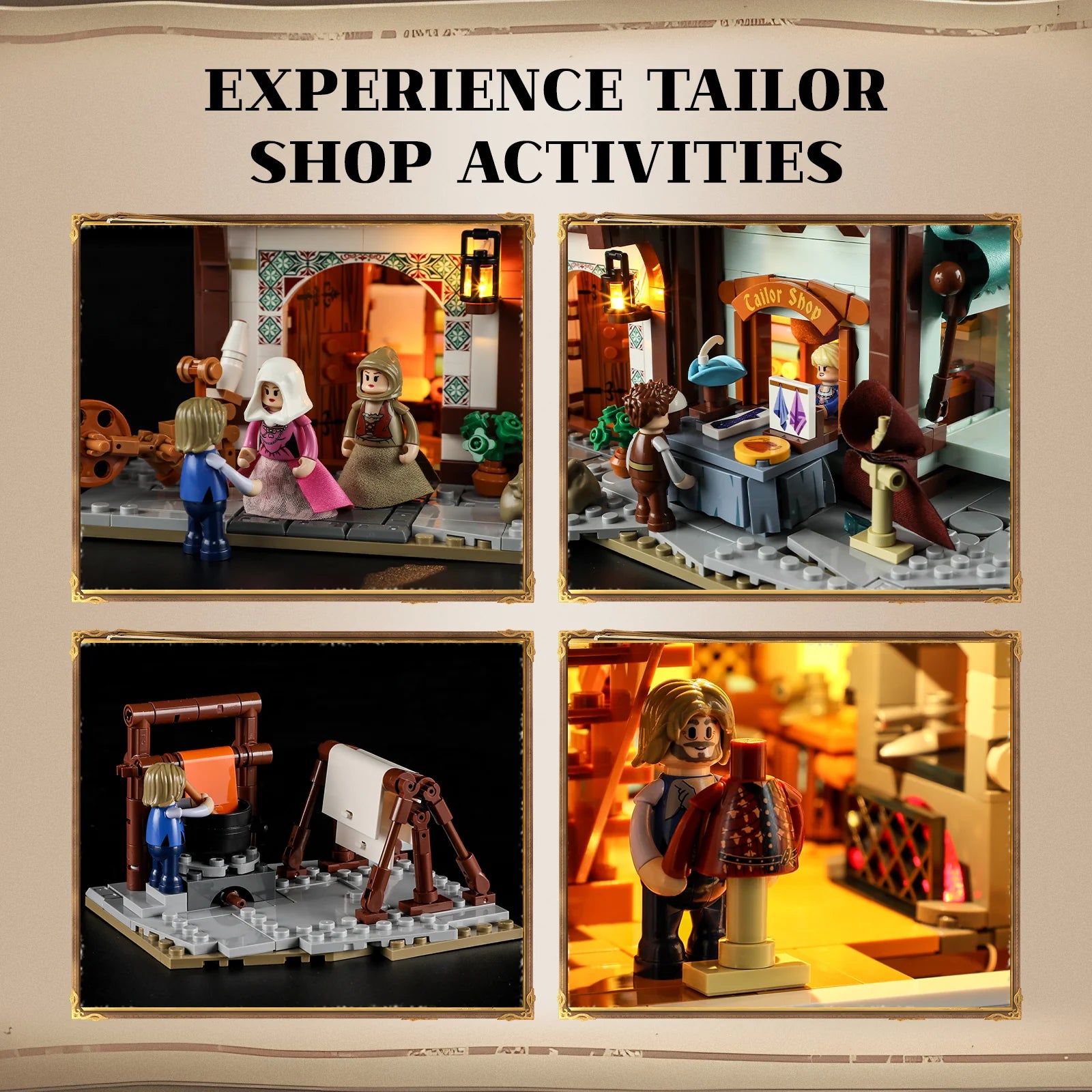 Lumibricks F9038 Medieval Tailor Shop activities: minifigures sewing, shopping, dyeing fabric, and tailoring inside the shop