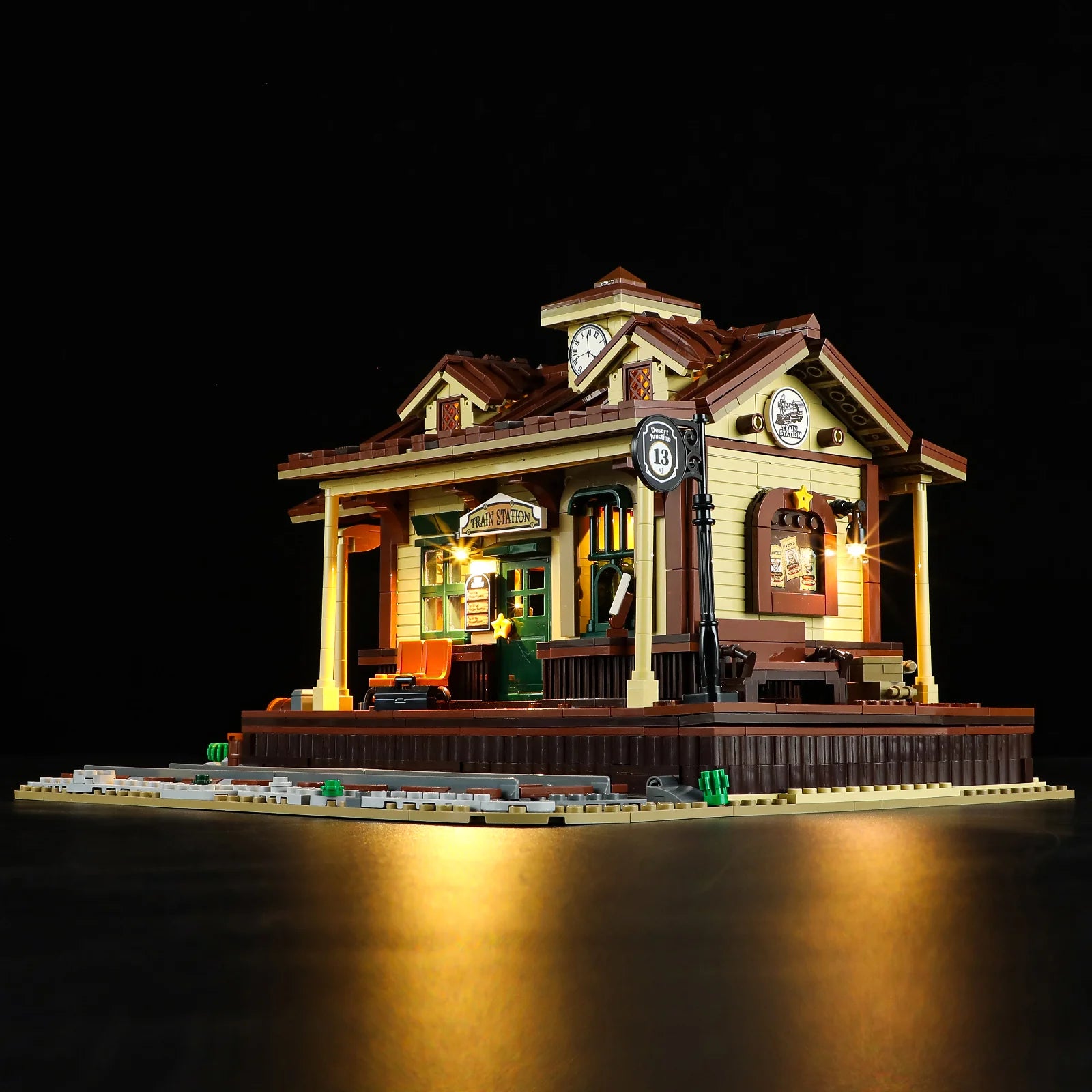 Lumibricks (formerly Funwhole) F9039 Western Train Station night angle view with illuminated platform and station details.