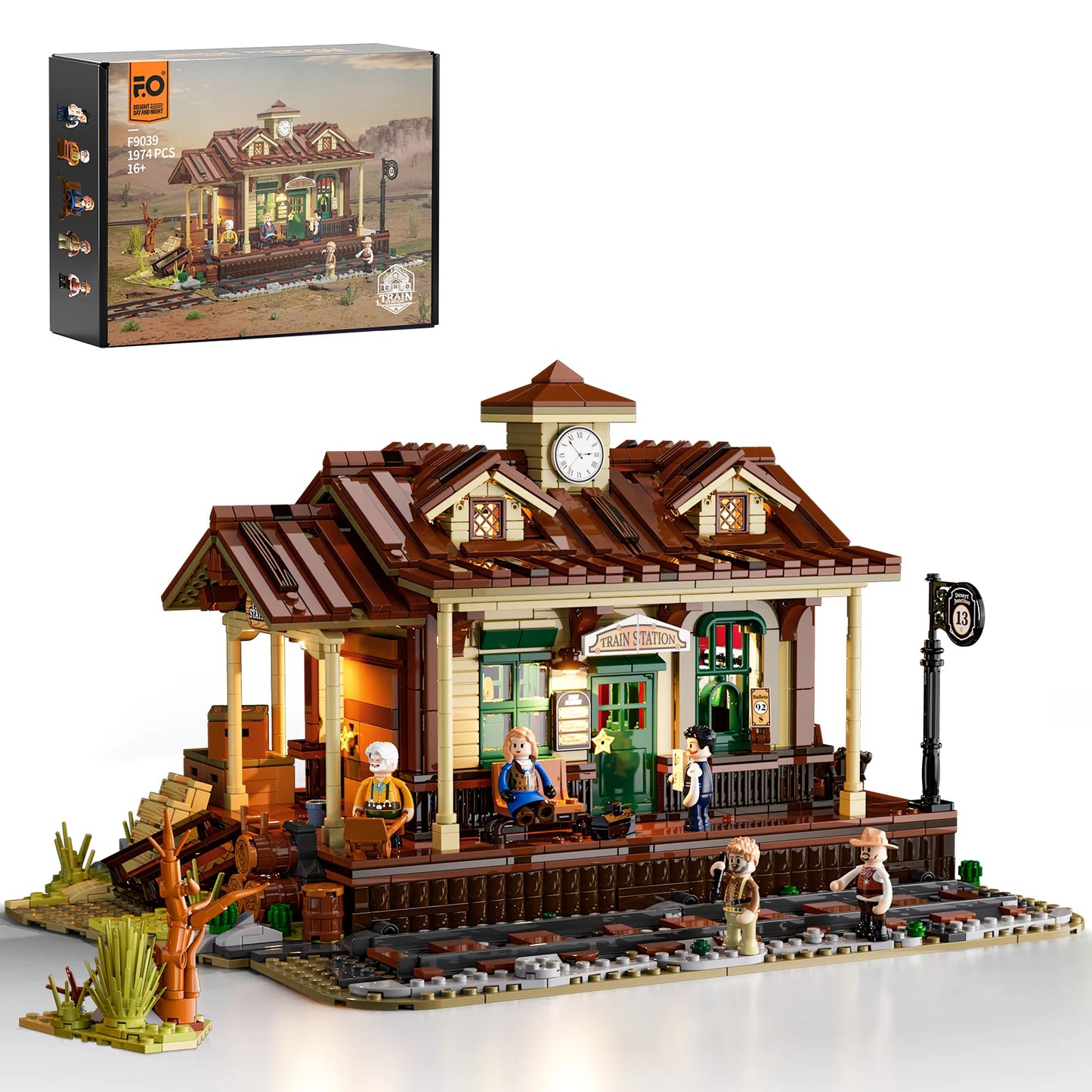 Lumibricks (formerly Funwhole) F9039 Western Train Station building set with box, detailed model and minifigures displayed.