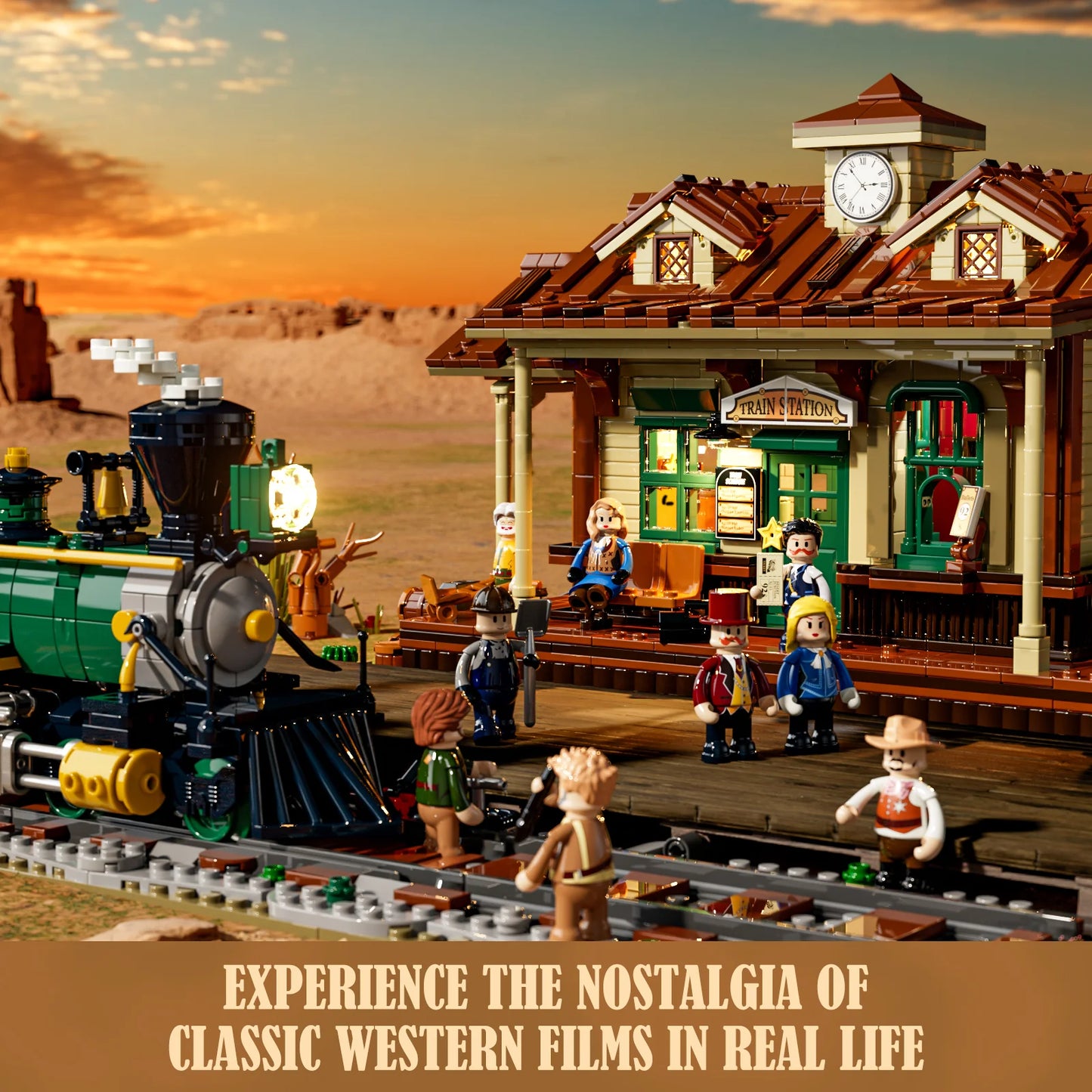 Lumibricks (formerly Funwhole) F9039 Western Train Station set recreates classic western film scenes with train and figures.