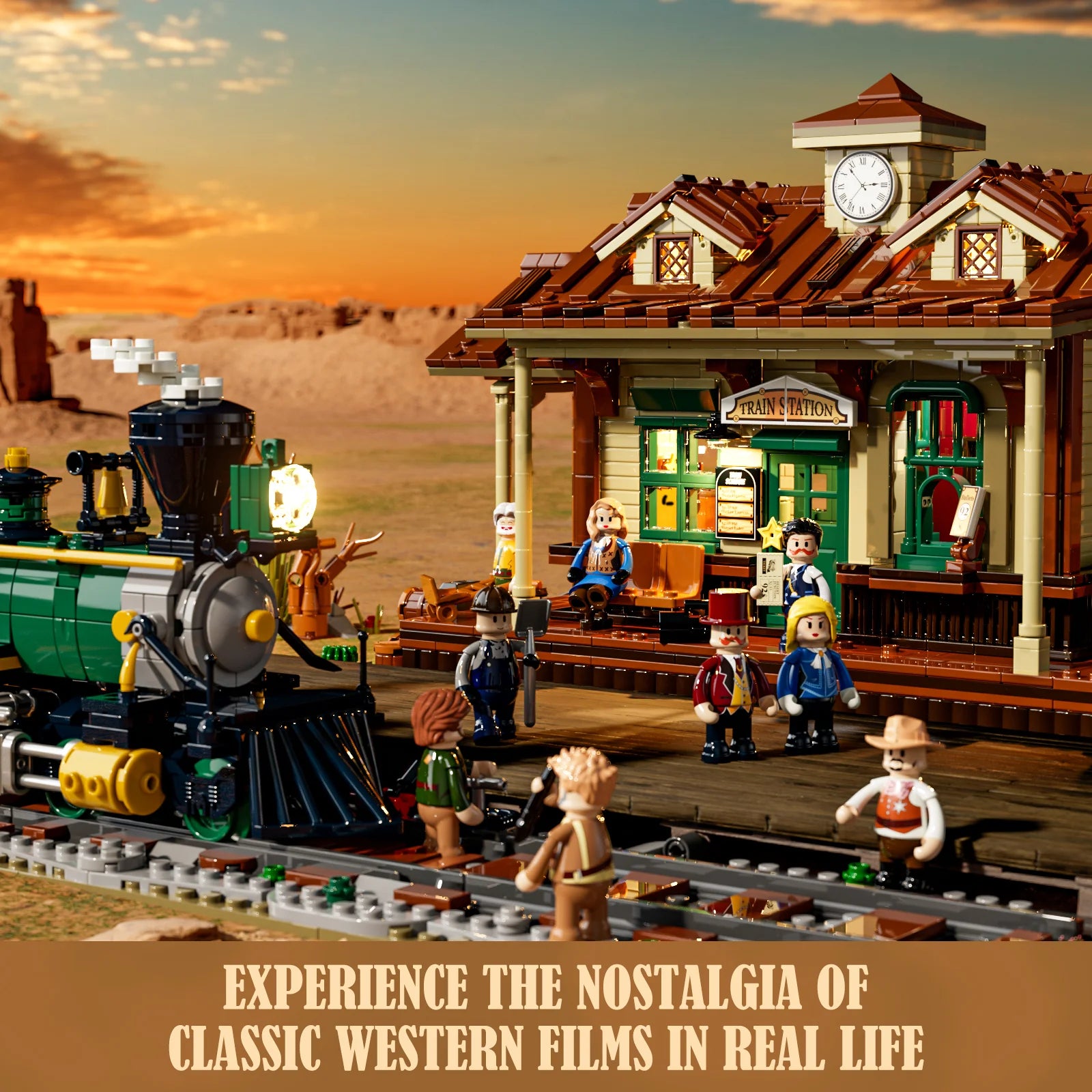 Lumibricks (formerly Funwhole) F9039 Western Train Station set recreates classic western film scenes with train and figures.