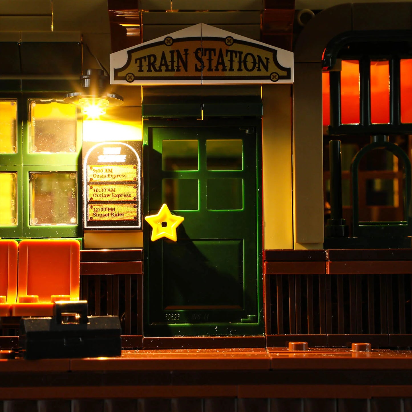 Lumibricks (formerly Funwhole) F9039 Western Train Station close-up of entrance, timetable sign, and illuminated details.