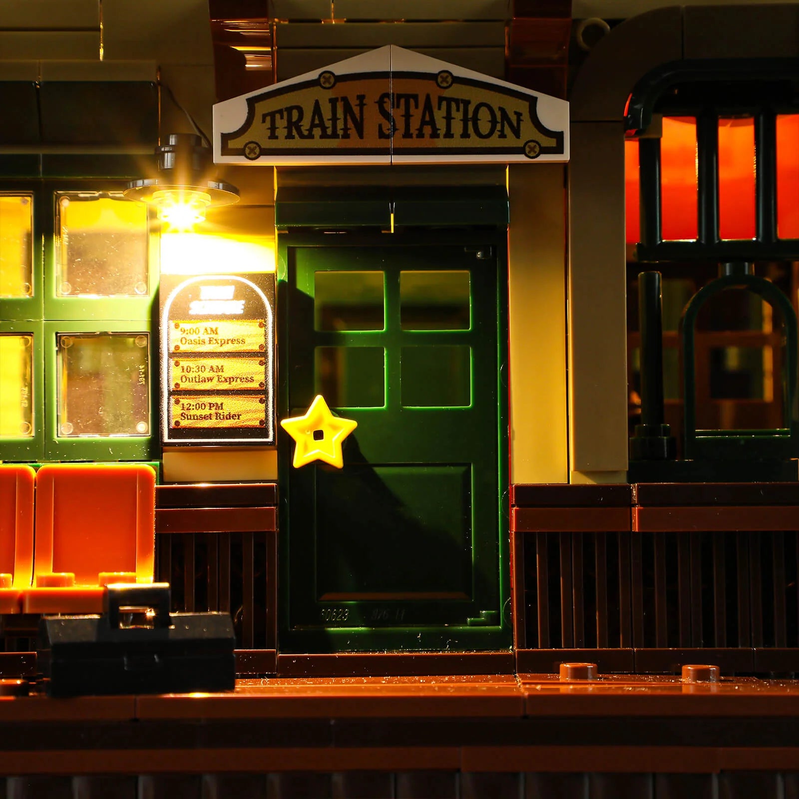 Lumibricks (formerly Funwhole) F9039 Western Train Station close-up of entrance, timetable sign, and illuminated details.