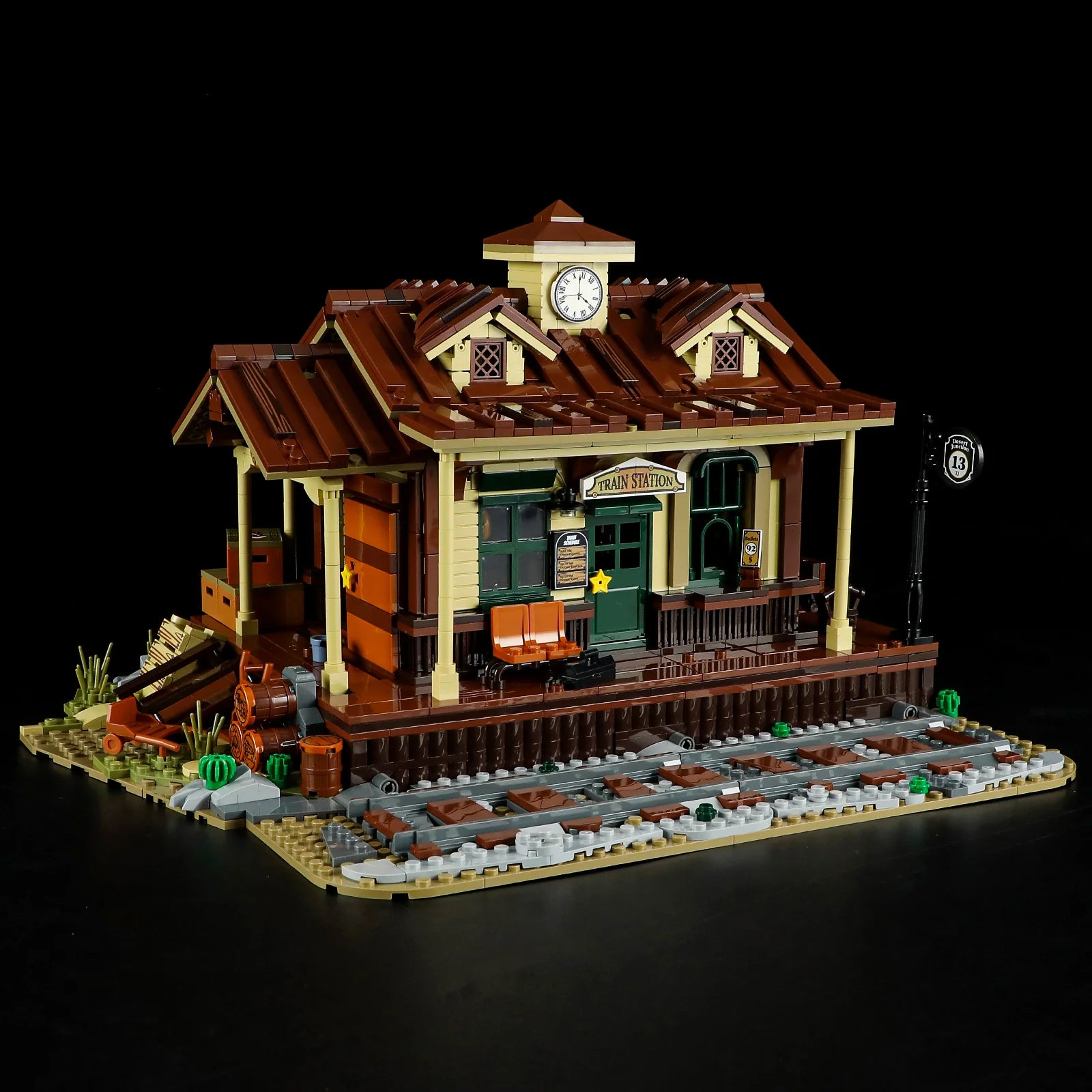Lumibricks (formerly Funwhole) F9039 Western Train Station front view in daylight showing roof, clock, and track details.