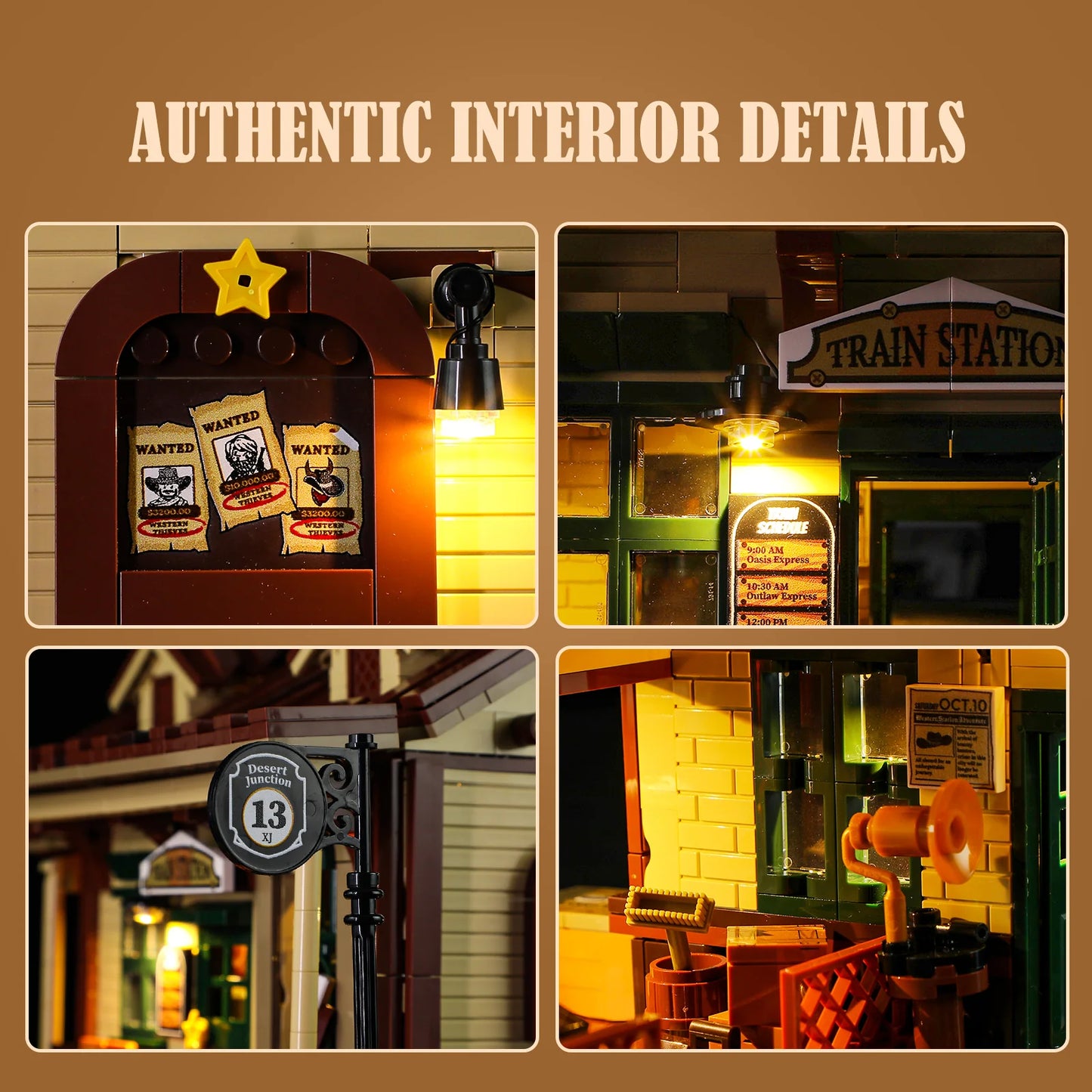 Lumibricks (formerly Funwhole) F9039 Western Train Station features authentic interior details like wanted posters, lights.