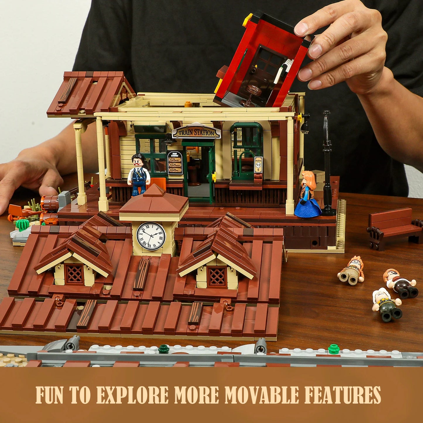 Lumibricks (formerly Funwhole) F9039 Western Train Station set showing movable features and interactive play options.