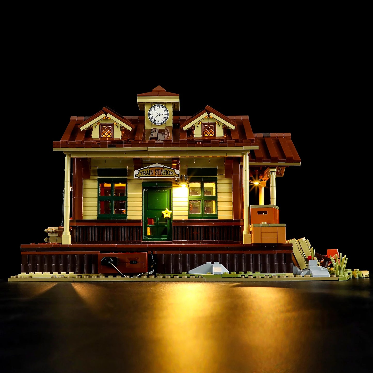 Lumibricks (formerly Funwhole) F9039 Western Train Station rear view showing glowing windows and authentic western details.