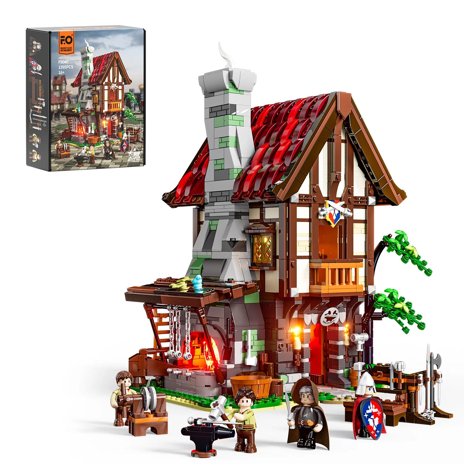 Lumibricks F9040 Forge House box set with modular medieval blacksmith building, minifigures, and accessories on white background