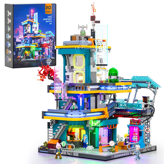 Lumibricks (Formerly Funwhole) F9042 Cyberpunk Apartment box set with modular neon-lit building, minifigures, and accessories
