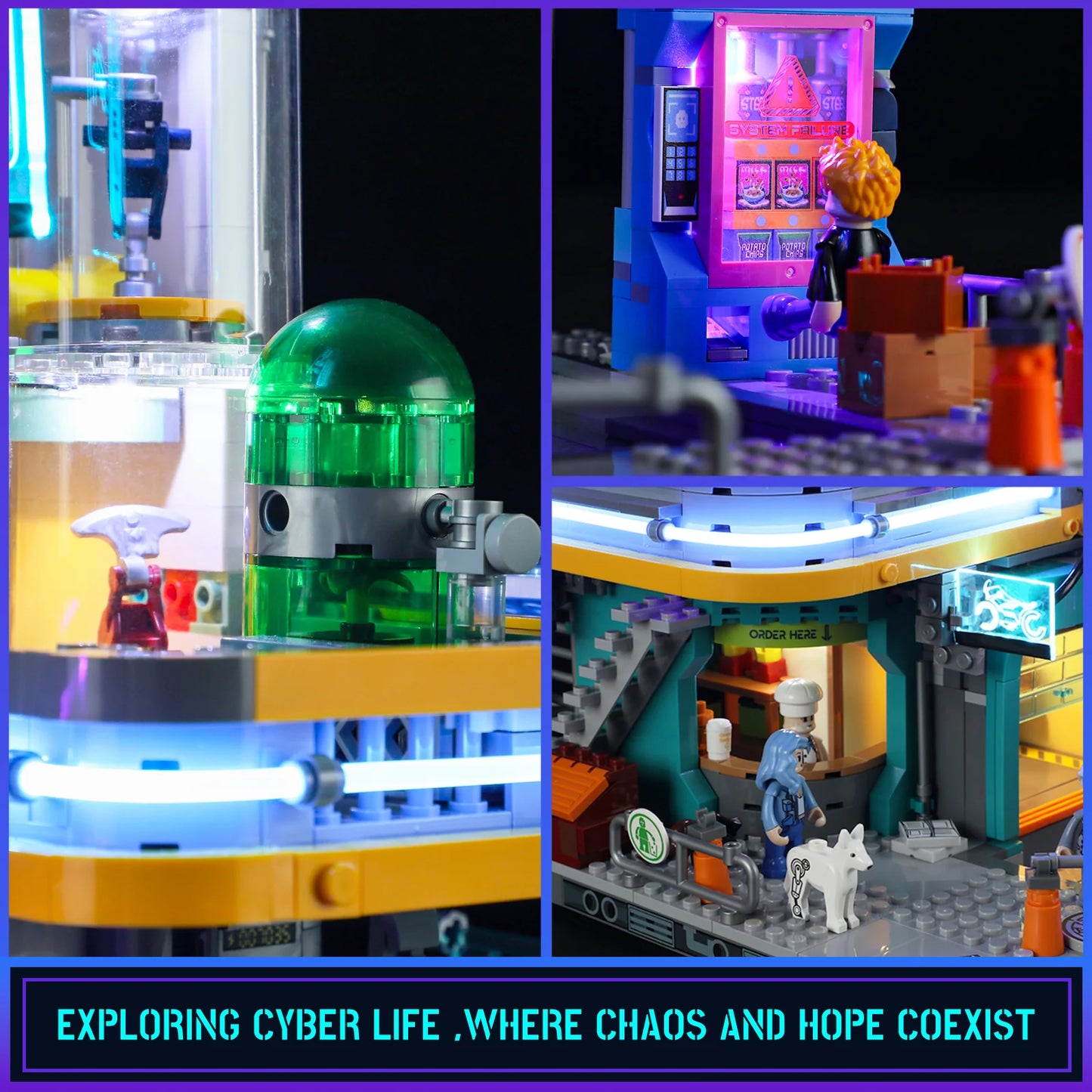 Lumibricks (Formerly Funwhole) F9042 Cyberpunk Apartment close-ups of cyber life details, vending machine, chef, and neon lighting