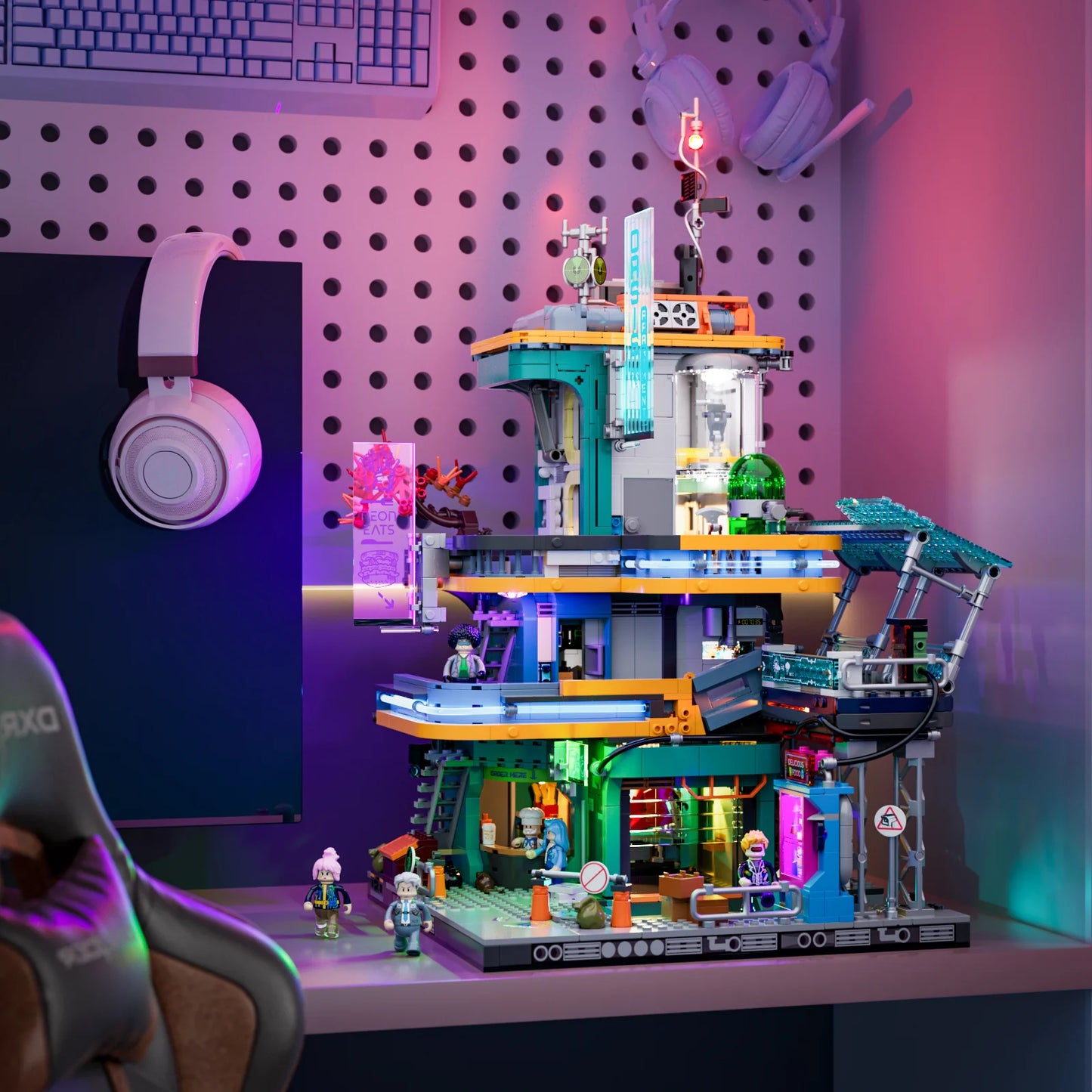 Lumibricks (Formerly Funwhole) F9042 Cyberpunk Apartment displayed in a gaming room with LED lights, minifigures, and accessories