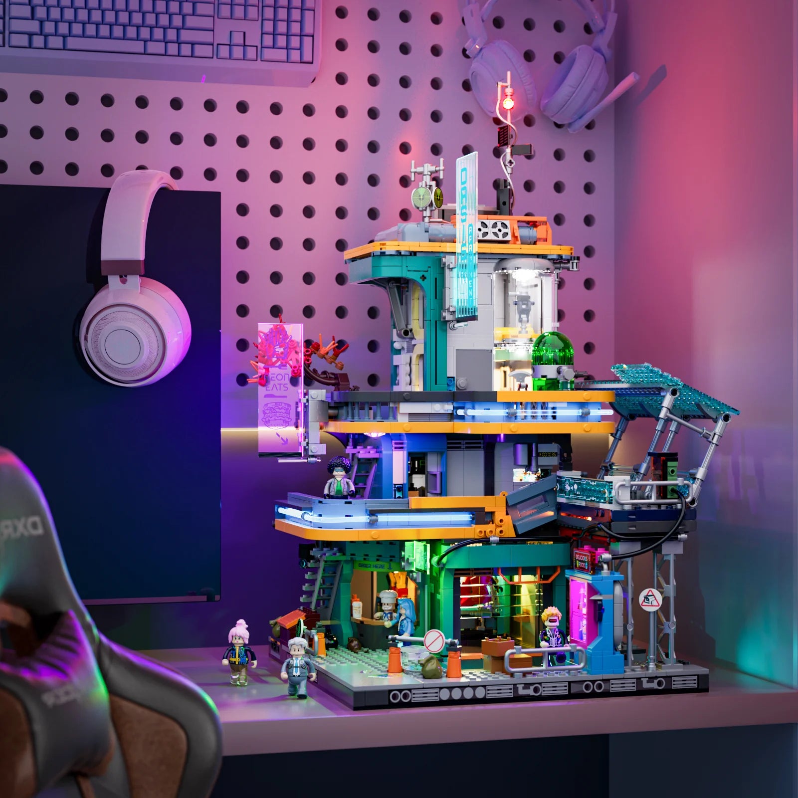 Lumibricks (Formerly Funwhole) F9042 Cyberpunk Apartment displayed in a gaming room with LED lights, minifigures, and accessories