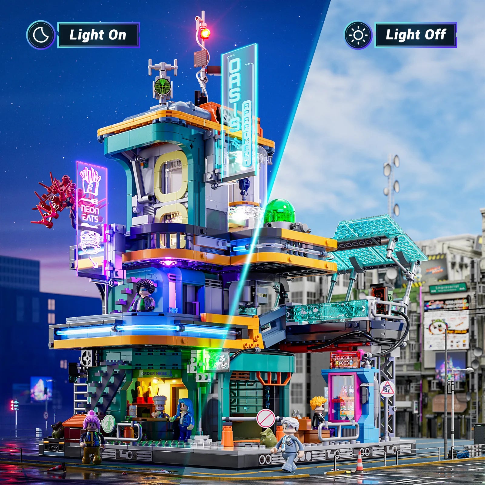 Lumibricks (Formerly Funwhole) F9042 Cyberpunk Apartment with LED lights on and off, neon signs, and modular sci-fi building