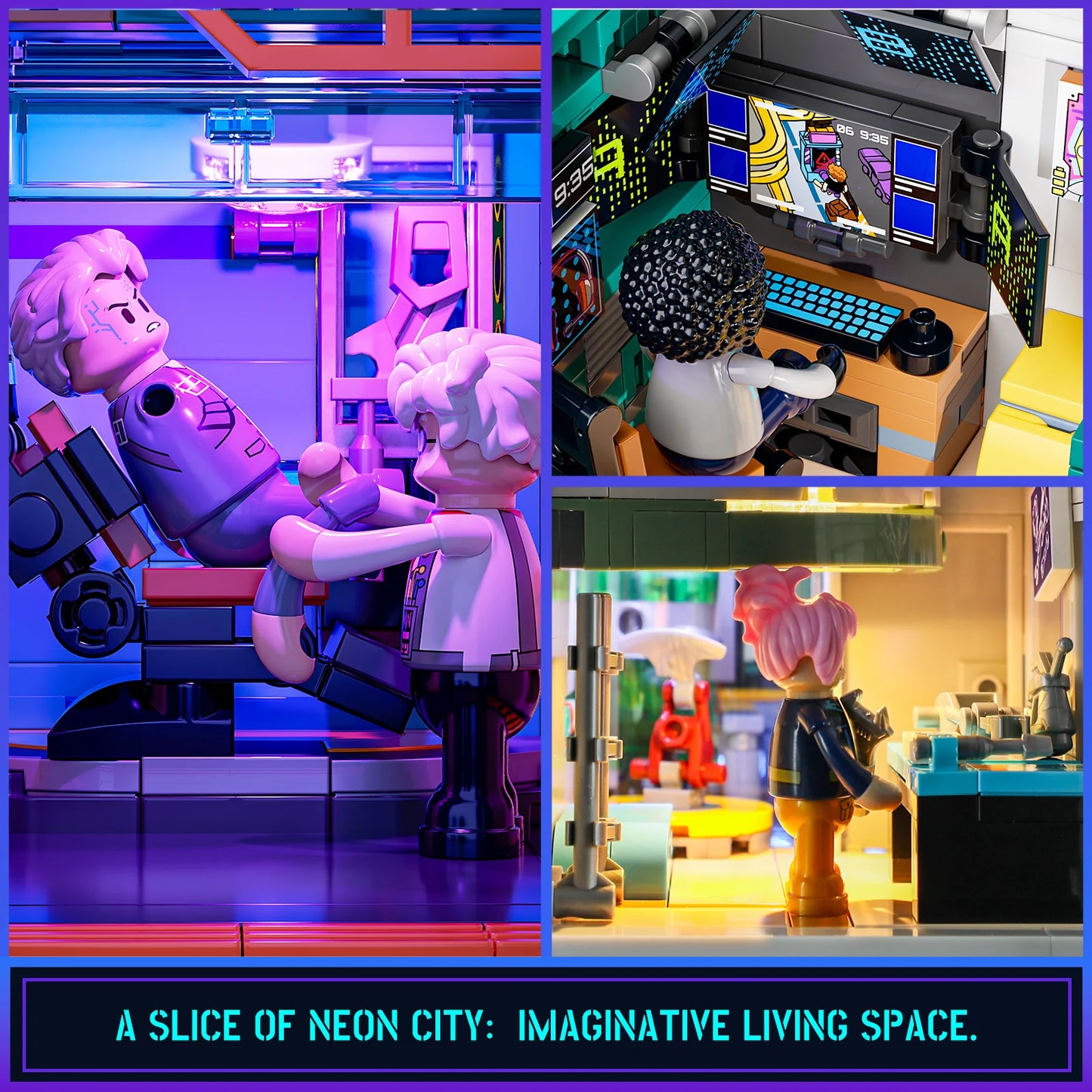 Lumibricks (Formerly Funwhole) F9042 Cyberpunk Apartment interior scenes with minifigures in imaginative neon-lit living spaces