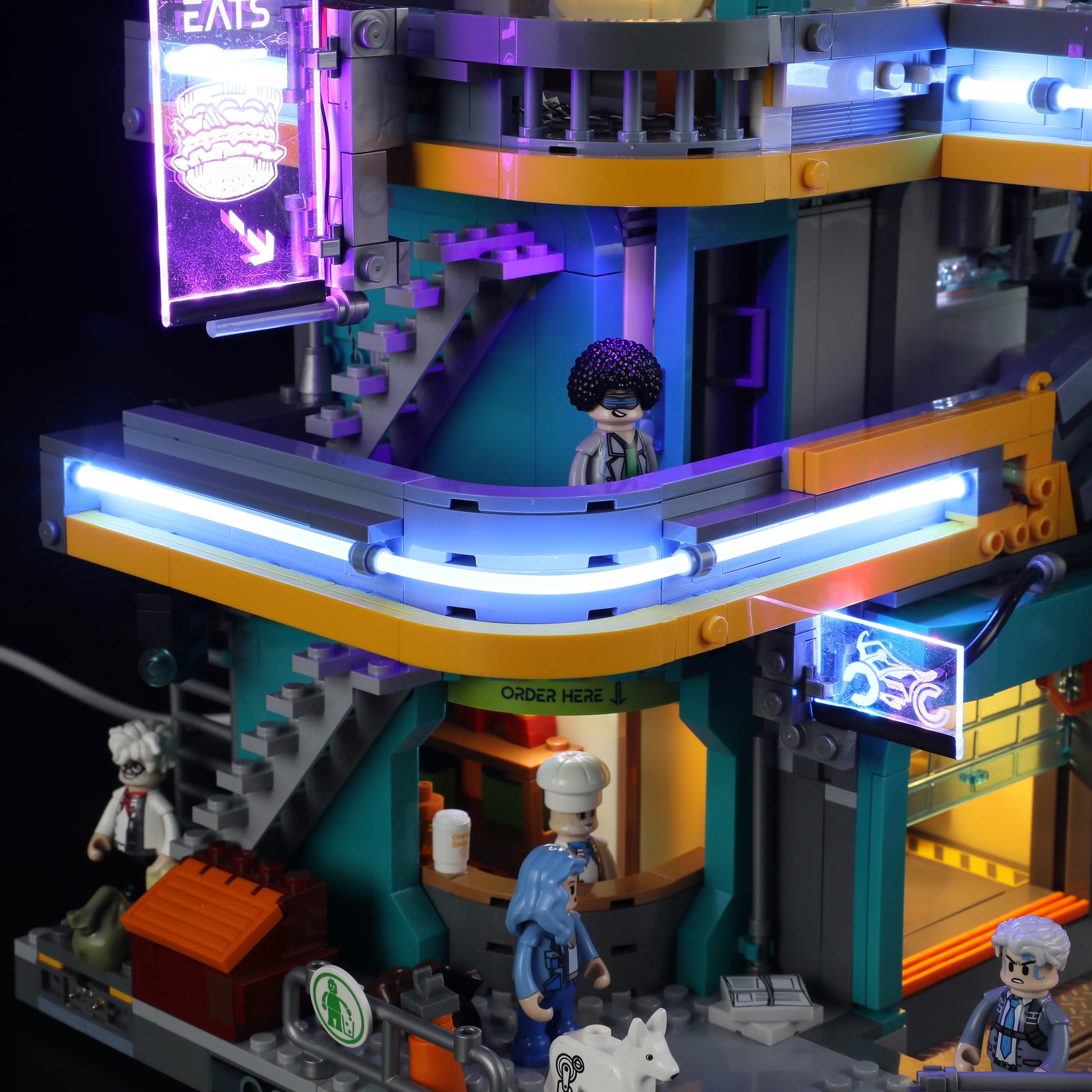 Lumibricks (Formerly Funwhole) F9042 Cyberpunk Apartment neon-lit balcony with "EATS" sign, chef, blue-haired minifigure, and white dog