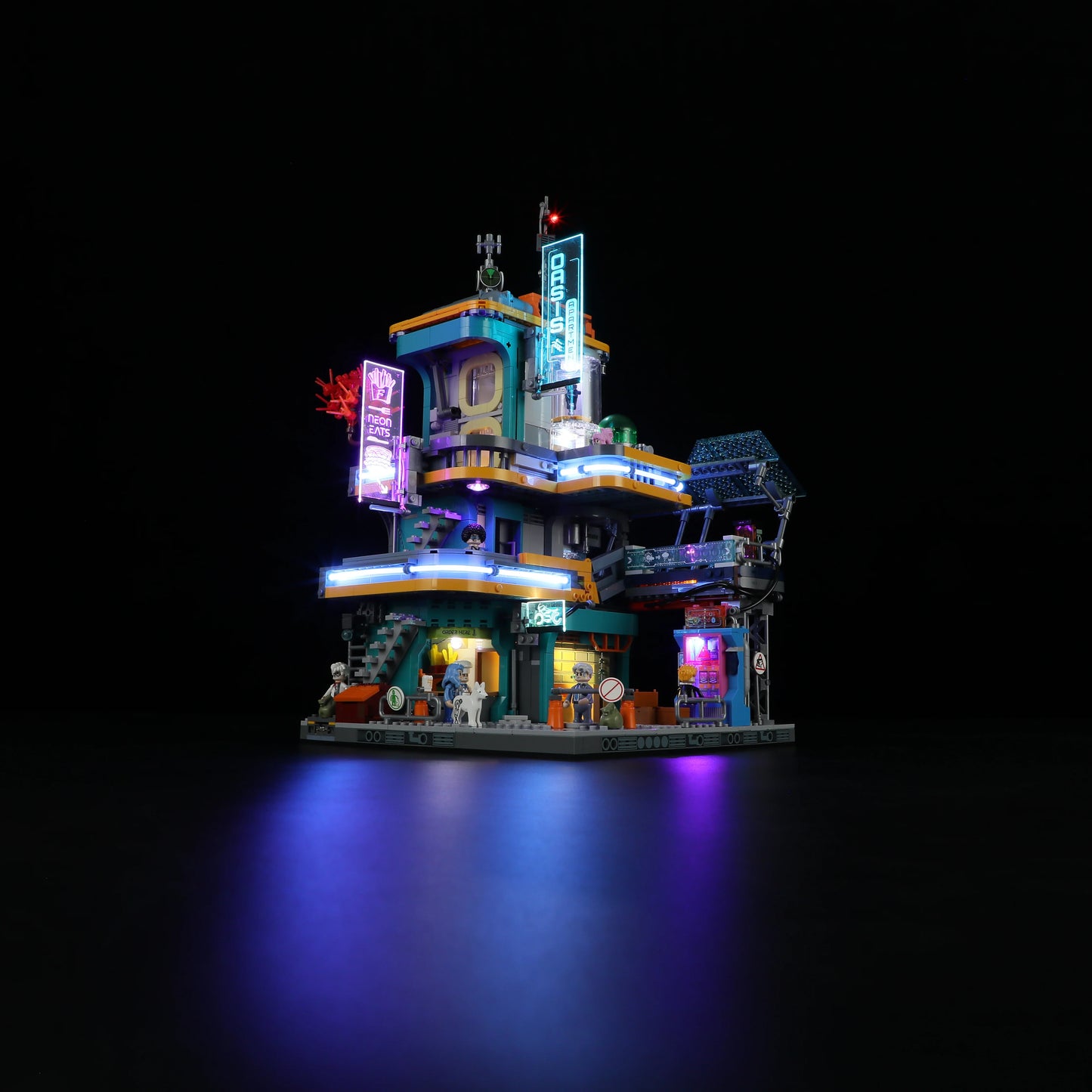 Lumibricks (Formerly Funwhole) F9042 Cyberpunk Apartment at night with neon LED lights, modular sci-fi building, and minifigures