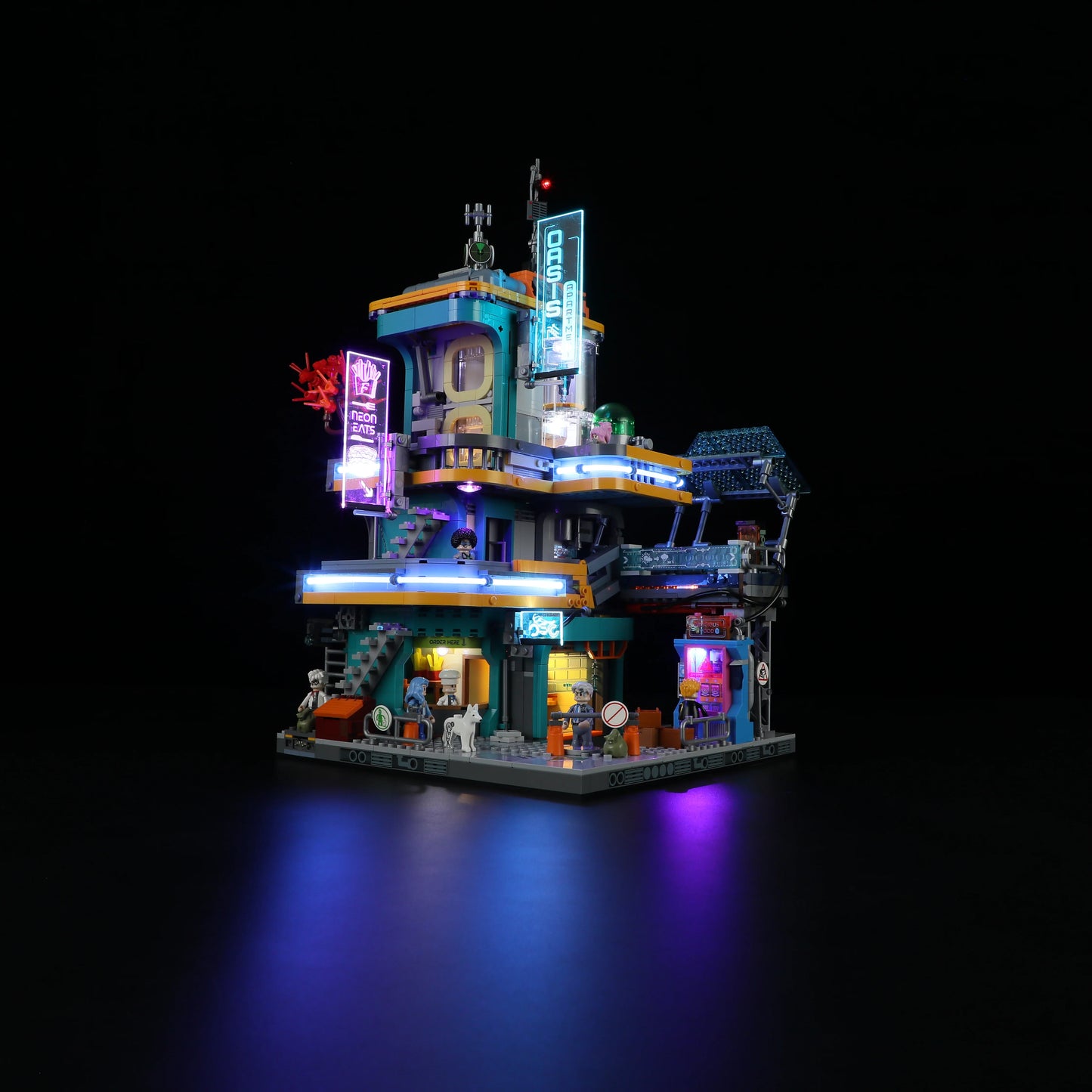 Lumibricks (Formerly Funwhole) F9042 Cyberpunk Apartment night front view with neon LED lights, modular levels, and sci-fi minifigures