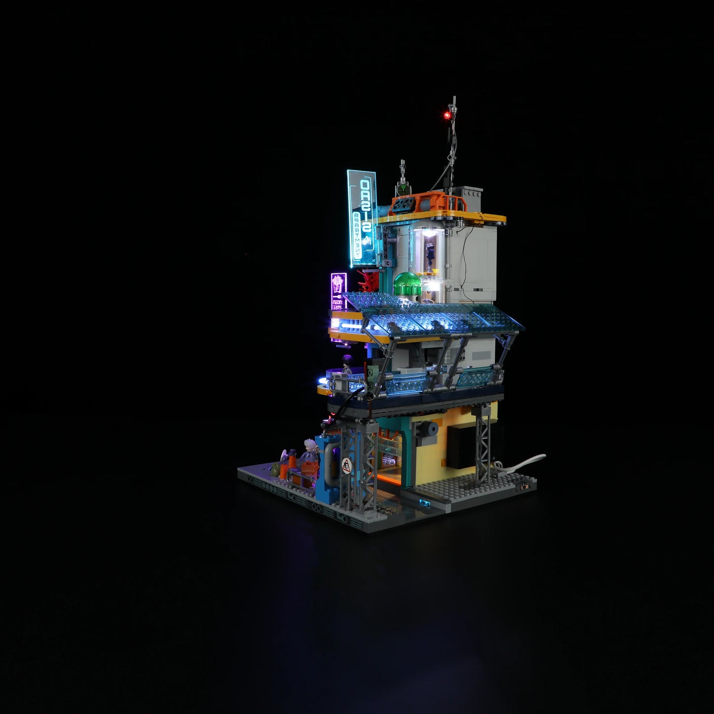Lumibricks (Formerly Funwhole) F9042 Cyberpunk Apartment rear angle with glowing neon lights, rooftop details, and sci-fi accessories