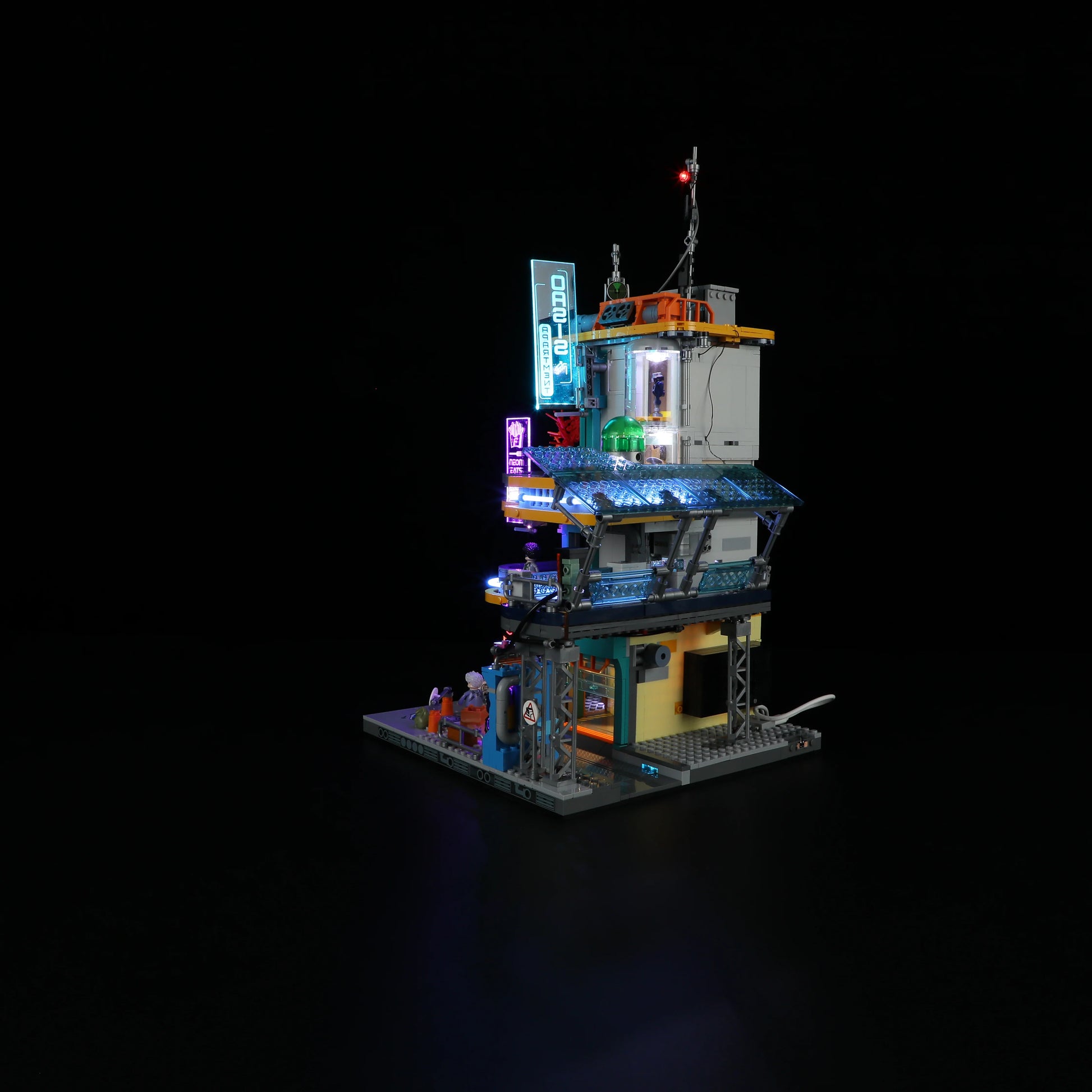 Lumibricks (Formerly Funwhole) F9042 Cyberpunk Apartment rear angle with glowing neon lights, rooftop details, and sci-fi accessories
