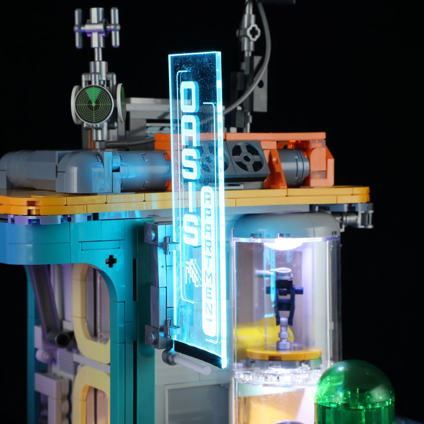 Lumibricks (Formerly Funwhole) F9042 Cyberpunk Apartment rooftop with glowing blue "OASIS APARTMENT" sign and sci-fi details