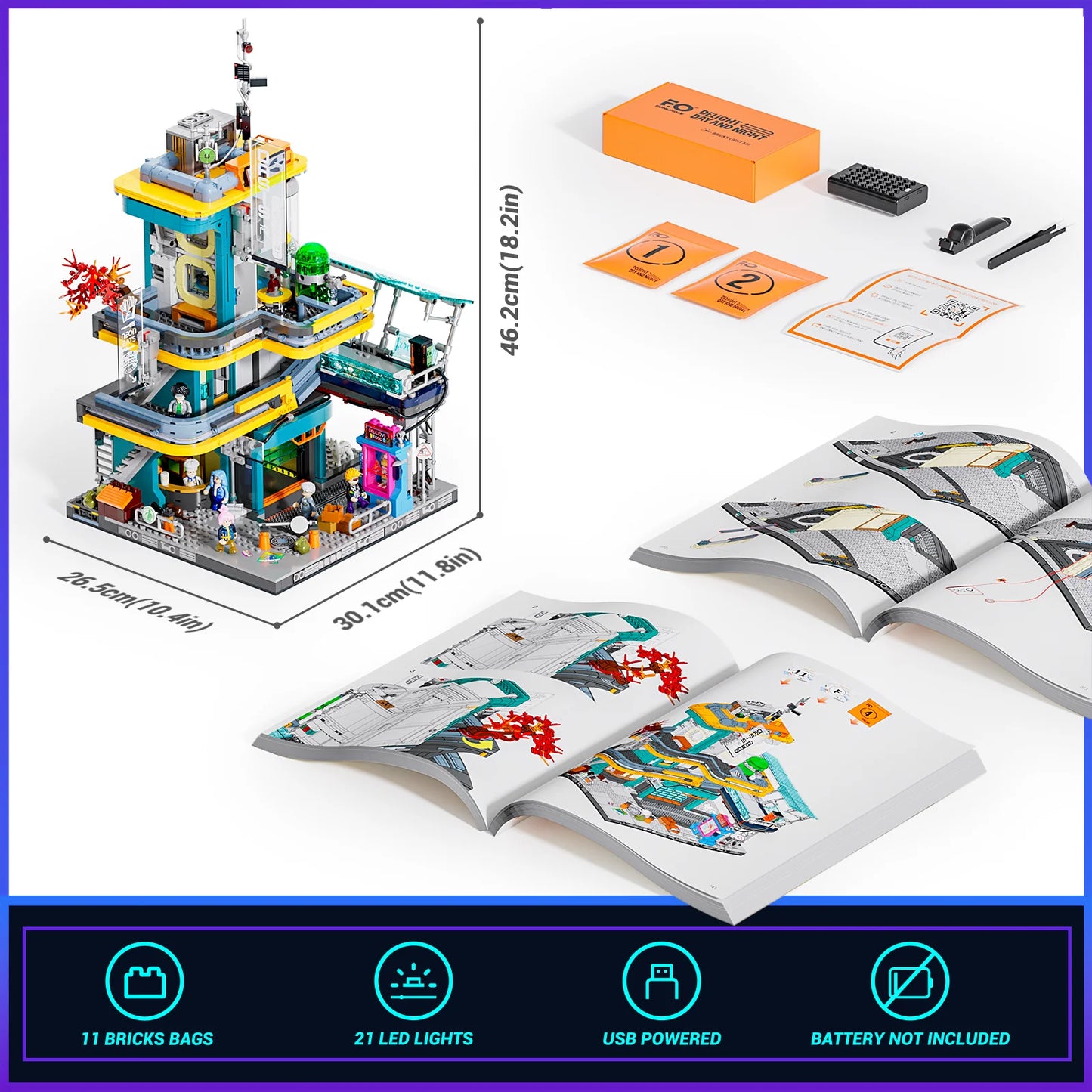 Lumibricks (Formerly Funwhole) F9042 Cyberpunk Apartment set includes 2507 pieces, 21 LED lights, 11 brick bags, USB kit, and instructions