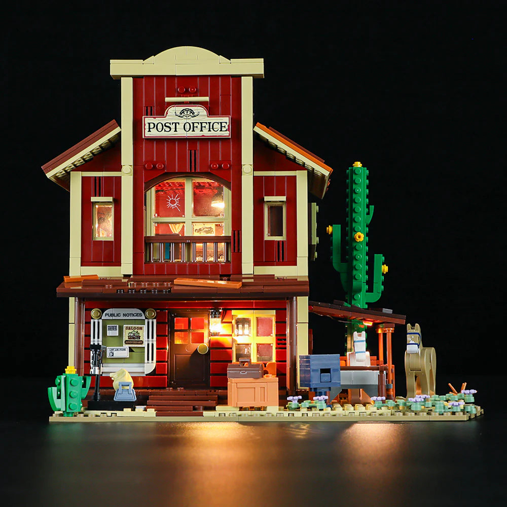 Lumibricks (Formerly Funwhole) F9044 Old West Post Office modular building with LED lights, minifigures, cactus, and horses