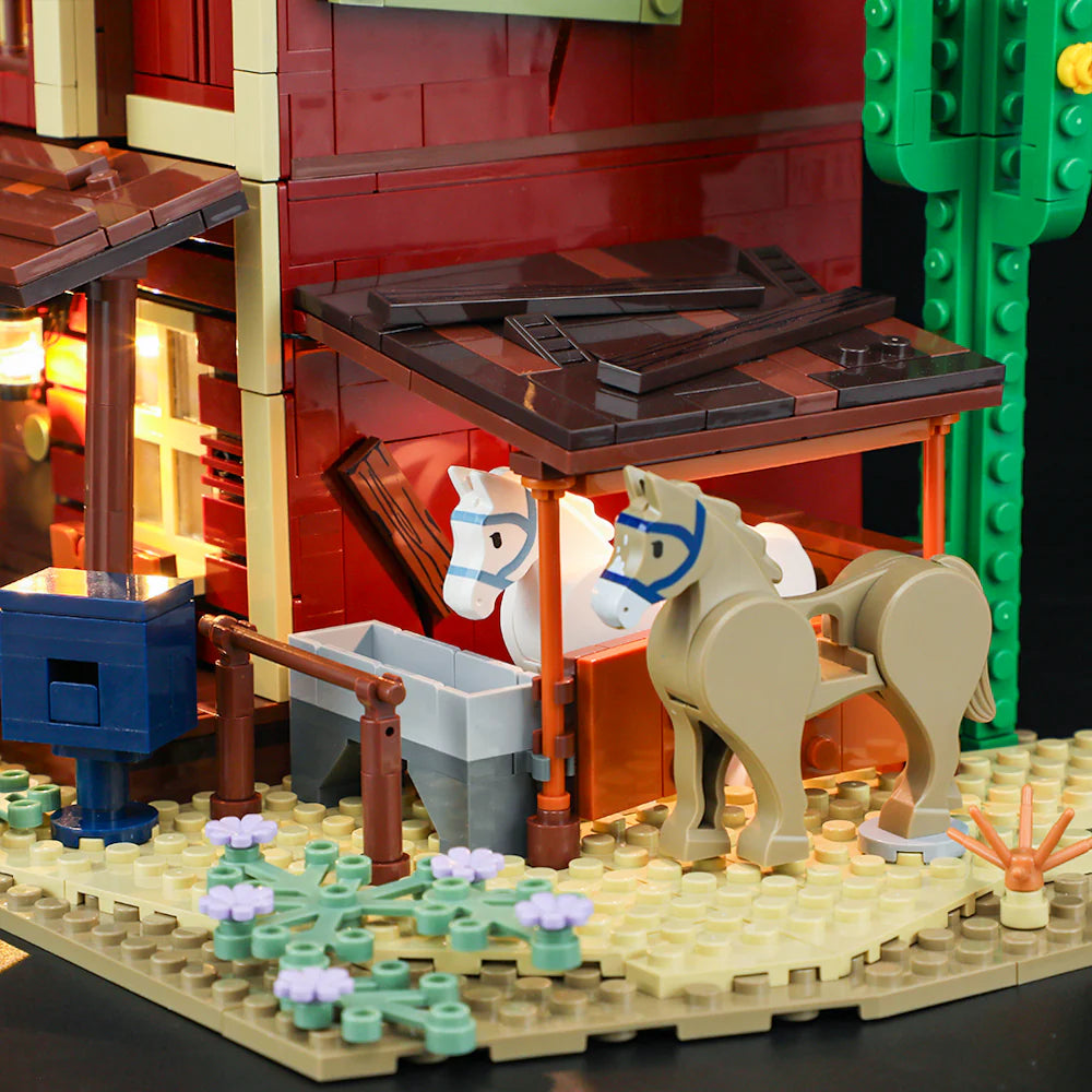 Lumibricks (Formerly Funwhole) F9044 Old West Post Office close-up of horse stable with horses, trough, and Western landscaping